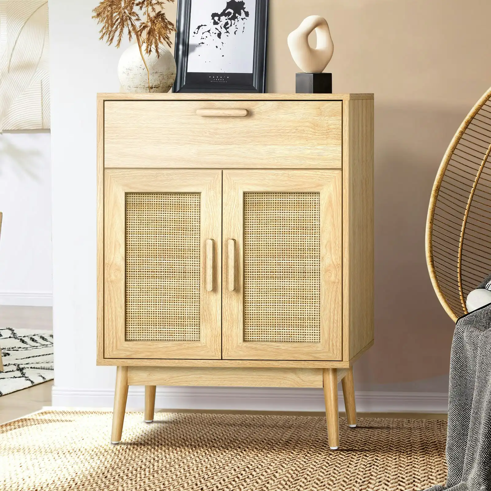 Oikiture Sideboard Cabinet Buffet Rattan Furniture Cupboard Hallway Table Wood