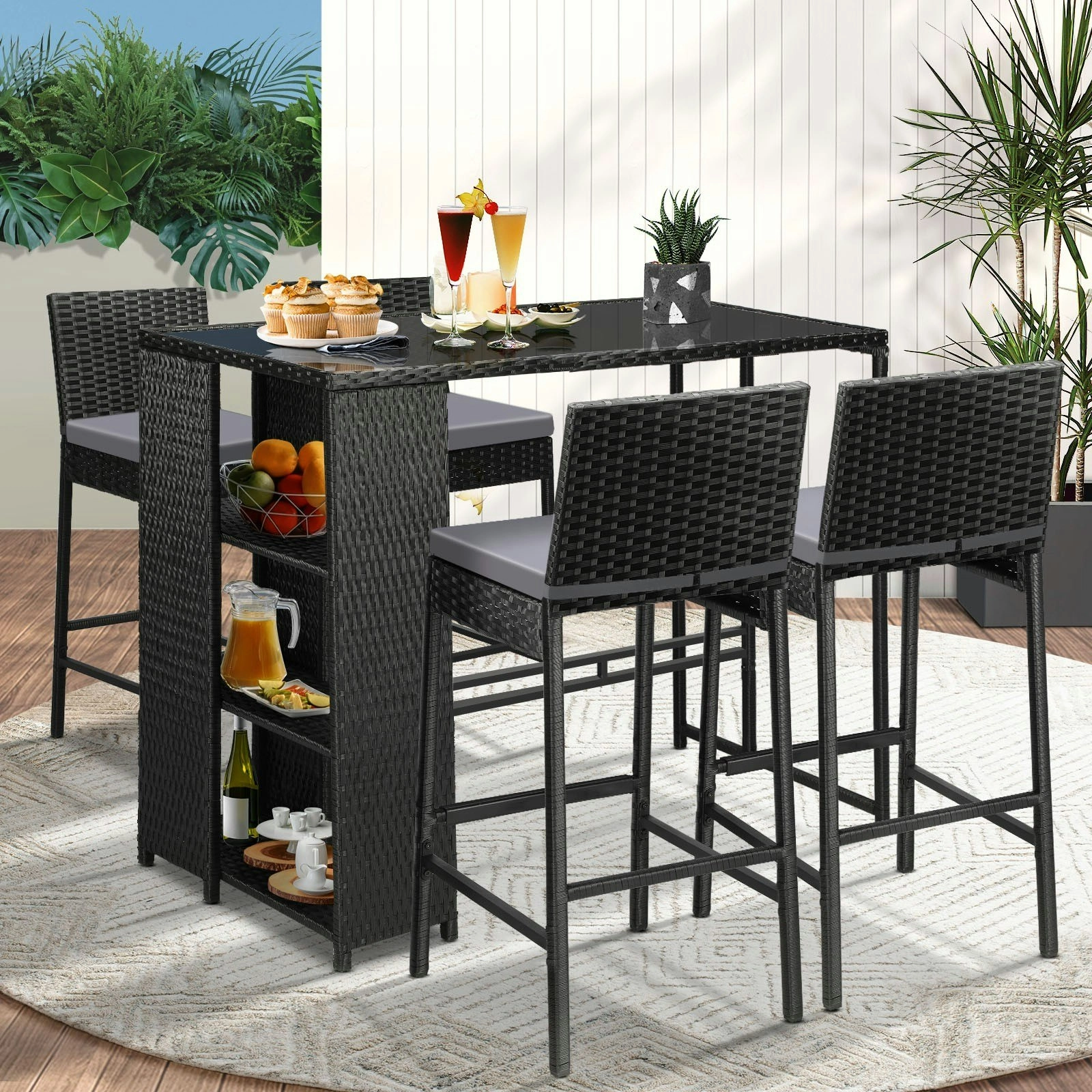 Livsip Outdoor Dining Set Patio Furniture Rattan Bar Table Chairs Bar Stools Set