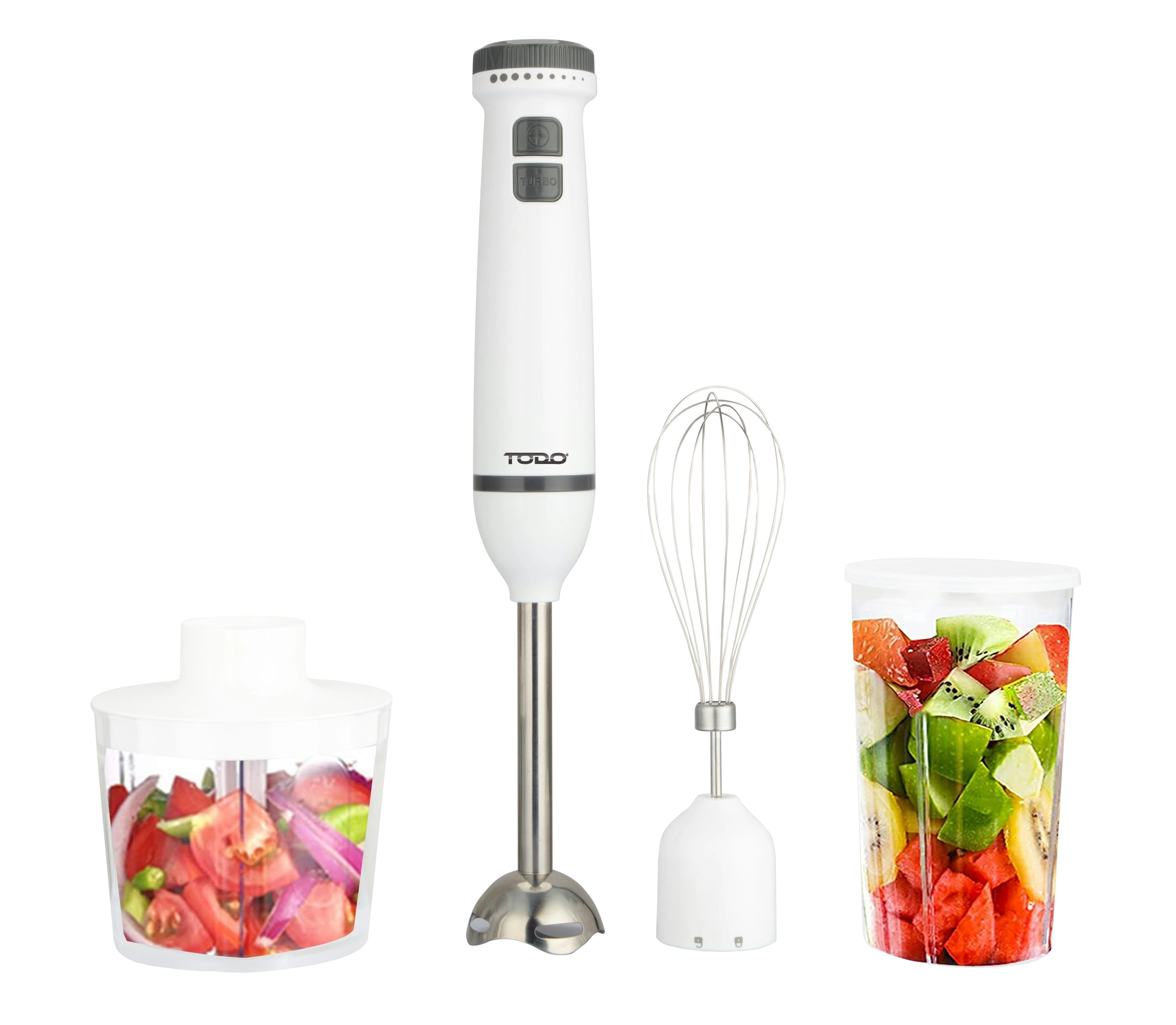 TODO Stick Mixer Set Food Chopper Electric Blender Whisk Handheld Beaker Jar Bowl - White