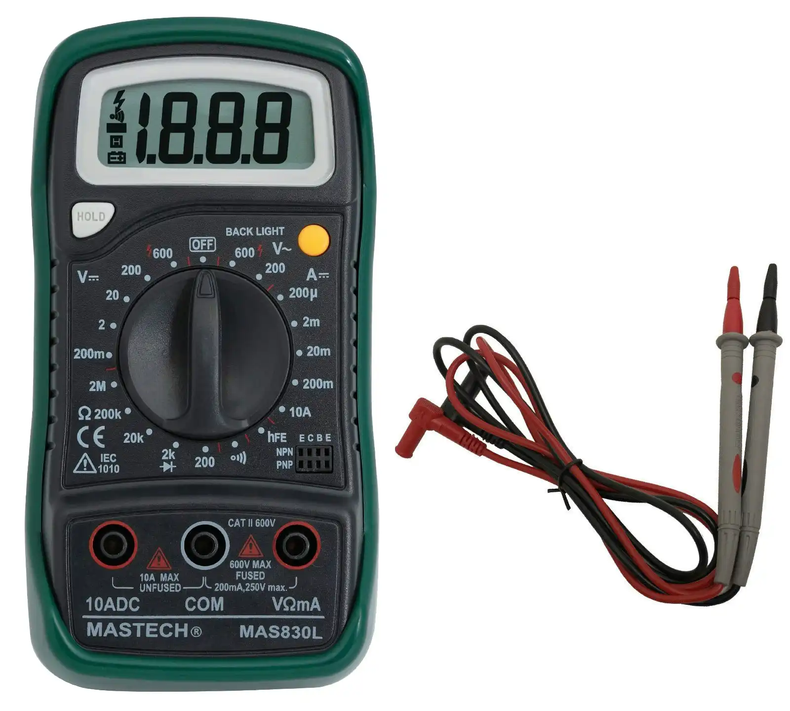 600V Cat Ii Handheld Digital Multimeter + Test Probes Large Backlit Lcd Mas830L