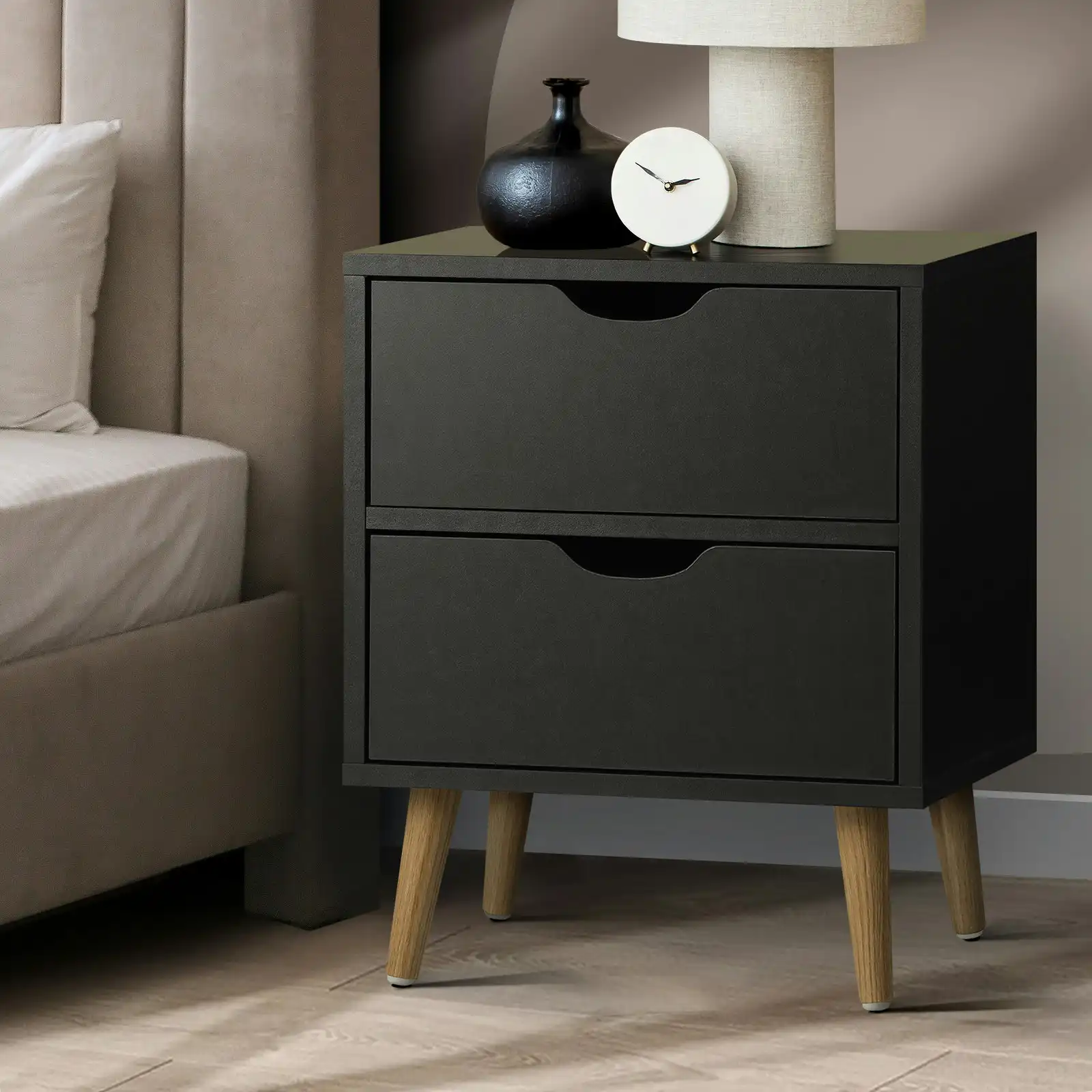 Oikiture Bedside Tables 2 Drawers Side Table Bedroom Furniture Storage Black