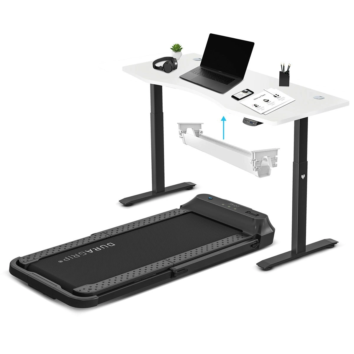 Lifespan Fitness V-Fold Treadmill with ErgoDesk Automatic White Standing Desk 1500mm + Cable Management Tray