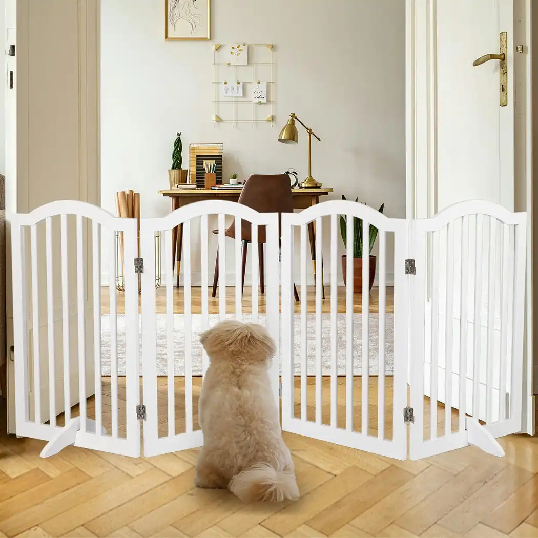 Pawz Wooden Pet Gate Dog Fence Safety Stair Barrier Security Door 4 Panels White