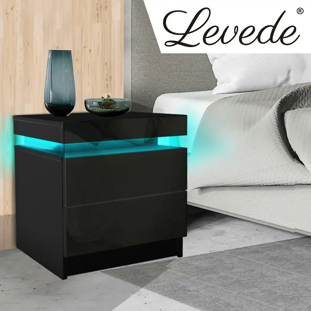 Levede Bedside Tables Side Table 2 Drawers RGB LED High Gloss Nightstand Cabinet