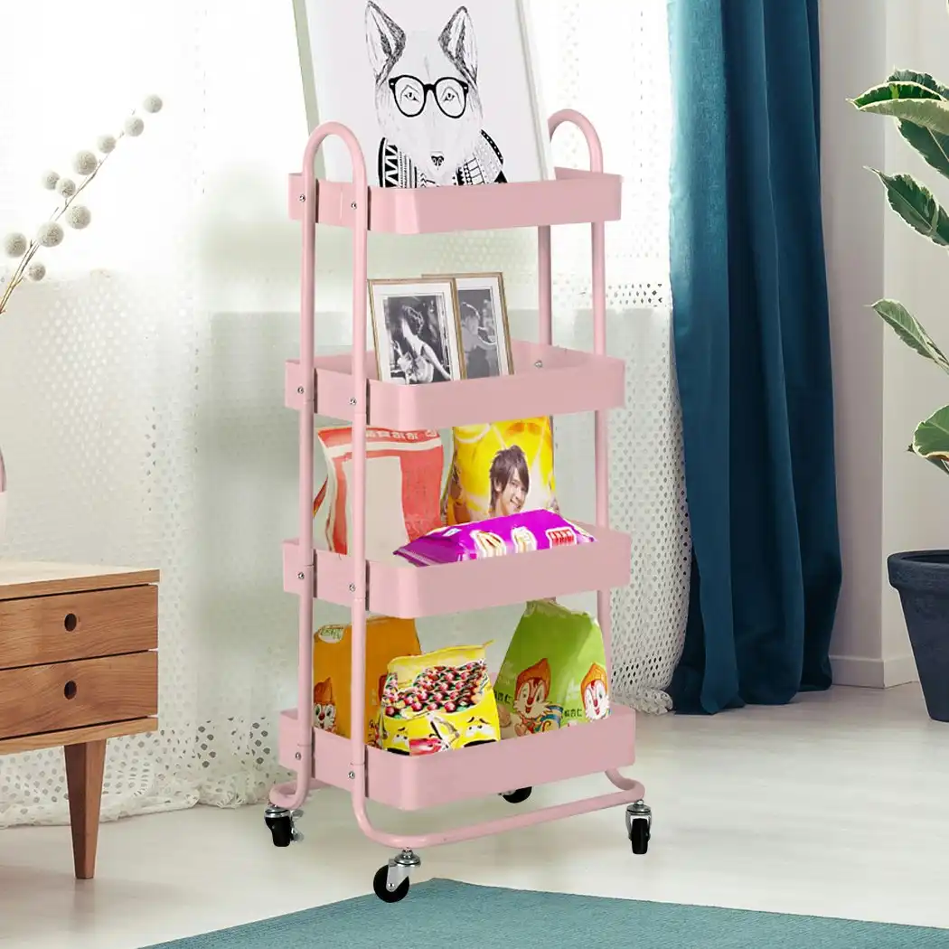 Levede 4 Tiers Kitchen Trolley Cart Steel Storage Rack Shelf Organiser Pink