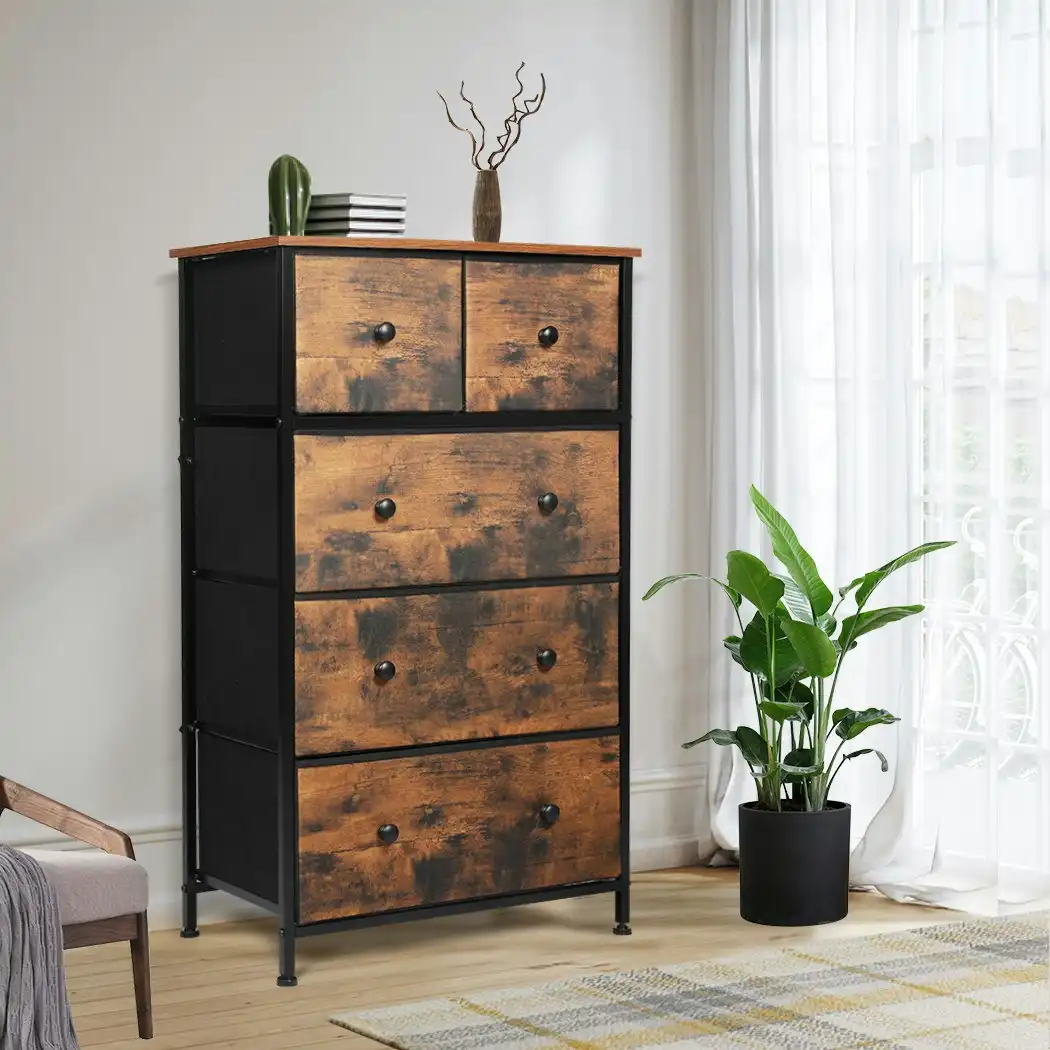 Levede Storage Cabinet Tower Chest of Drawers Dresser Tallboy Drawer Retro Brown