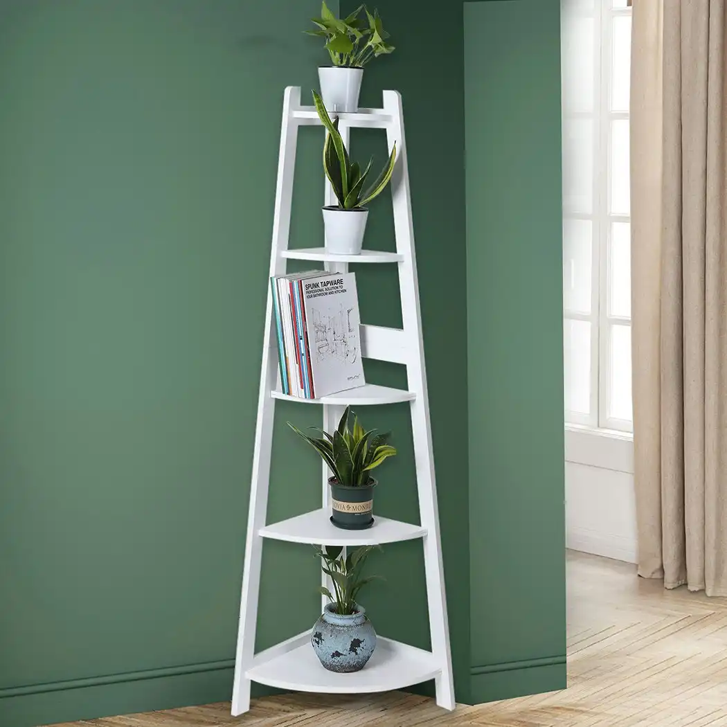 Levede 5 Tier Corner Shelf Wooden Storage Home Display Rack Plant Stand White