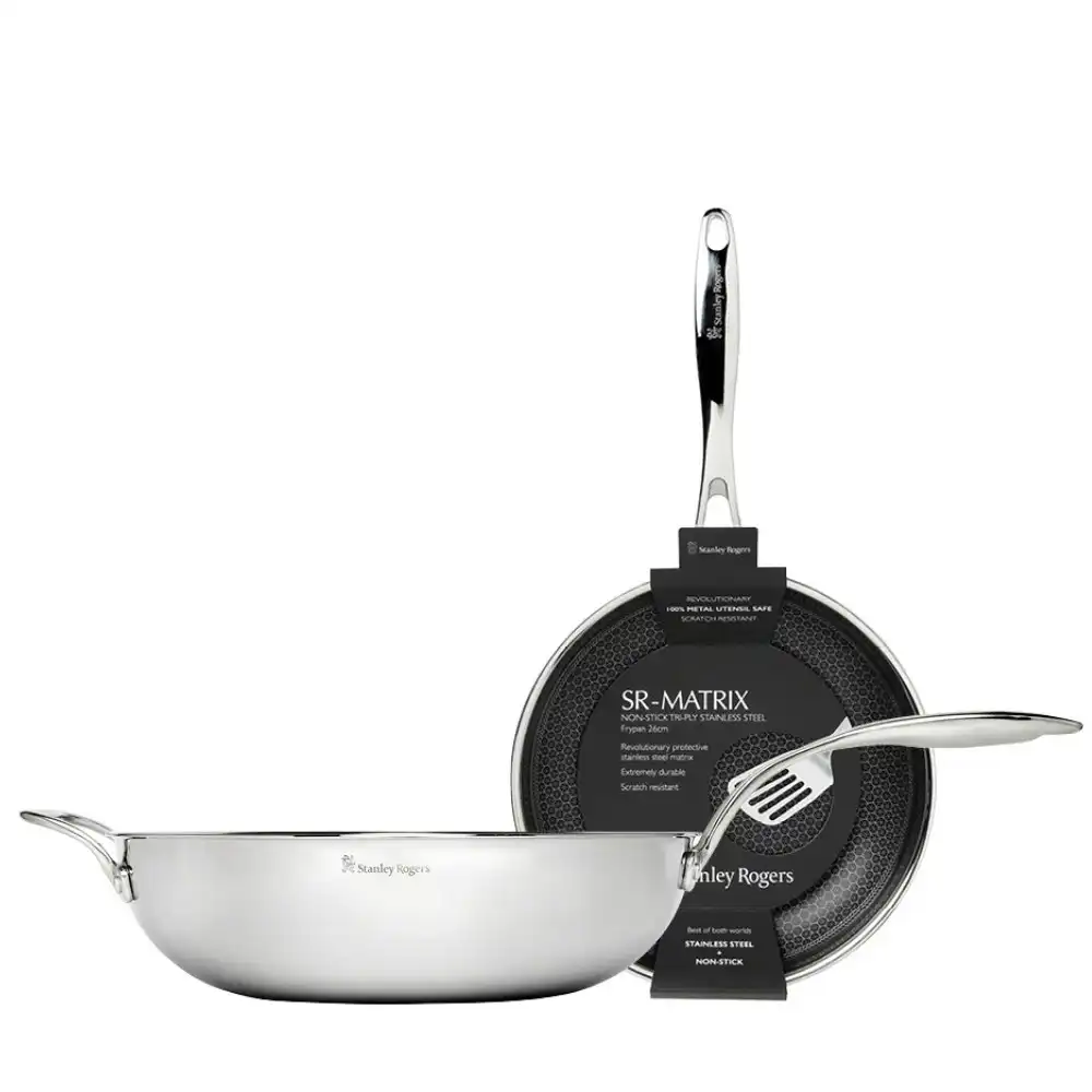 New 2pc Stanley Rogers Matrix 26cm Frypan + 32cm Wok Non-Stick | Suits Induction