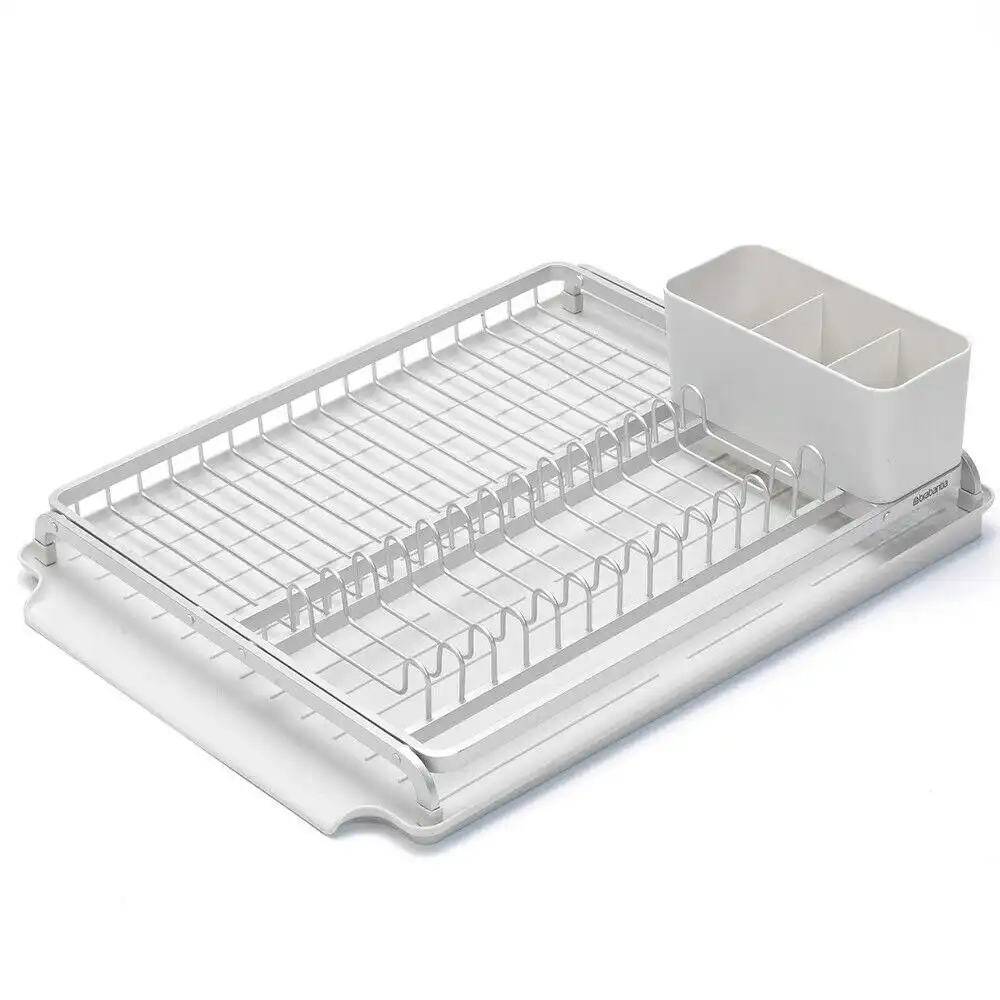 Brabantia Dish Drying Rack Kitchen Organiser w/ Utensils Holder + Drip Tray | Light Grey