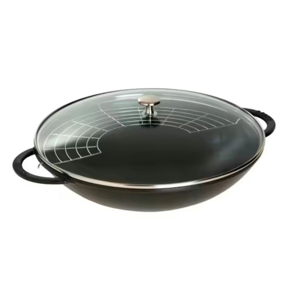 Staub Enamelled 37cm Cast Iron Wok w/ Rack Insert & Glass Lid