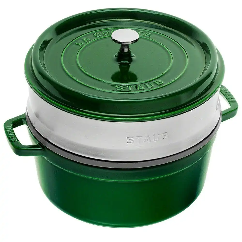 Staub Round Cast Iron Cocotte with Steamer 26cm | Basil Green