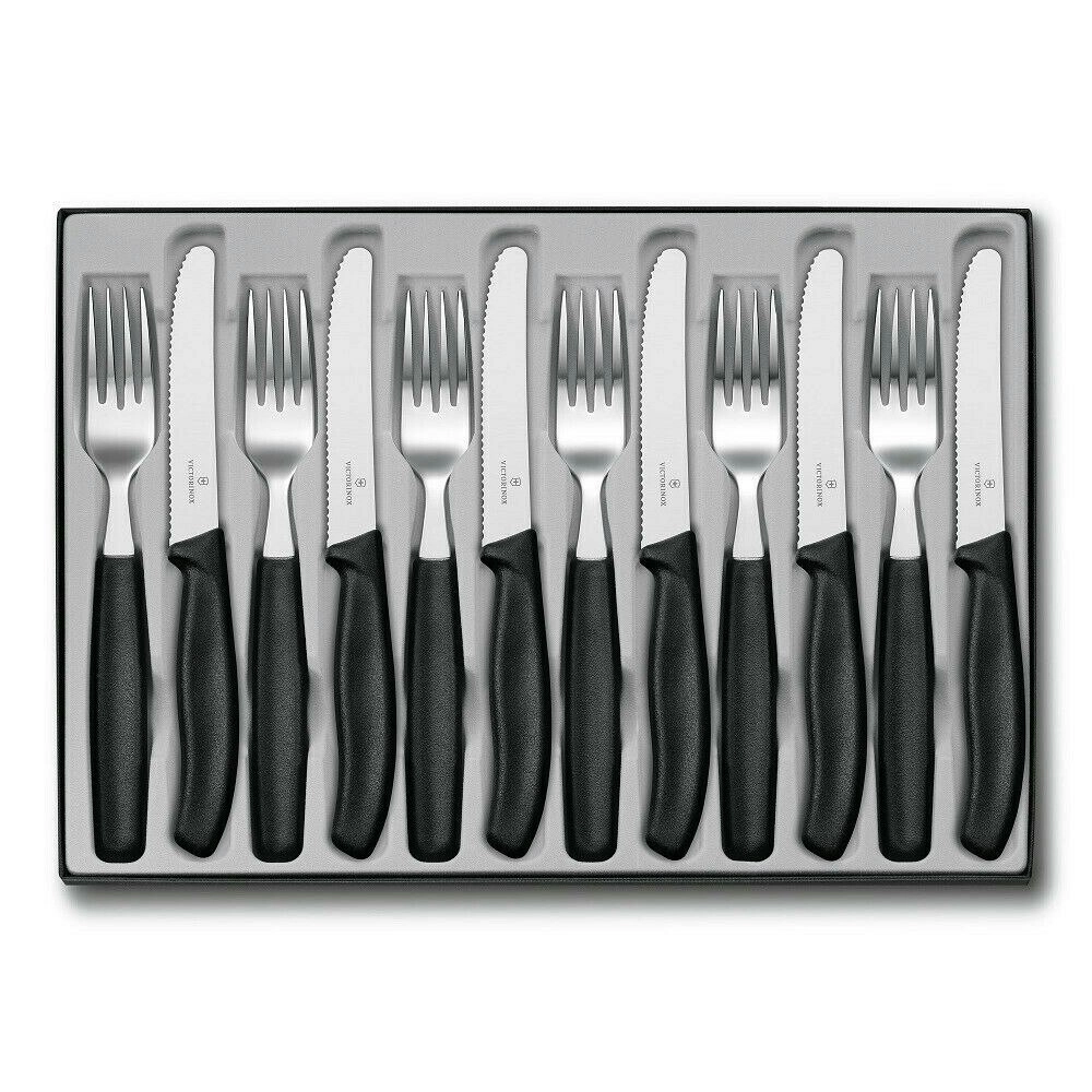 Victorinox 12 Piece Steak Knife & Fork Cutlery Set of 12pc Black