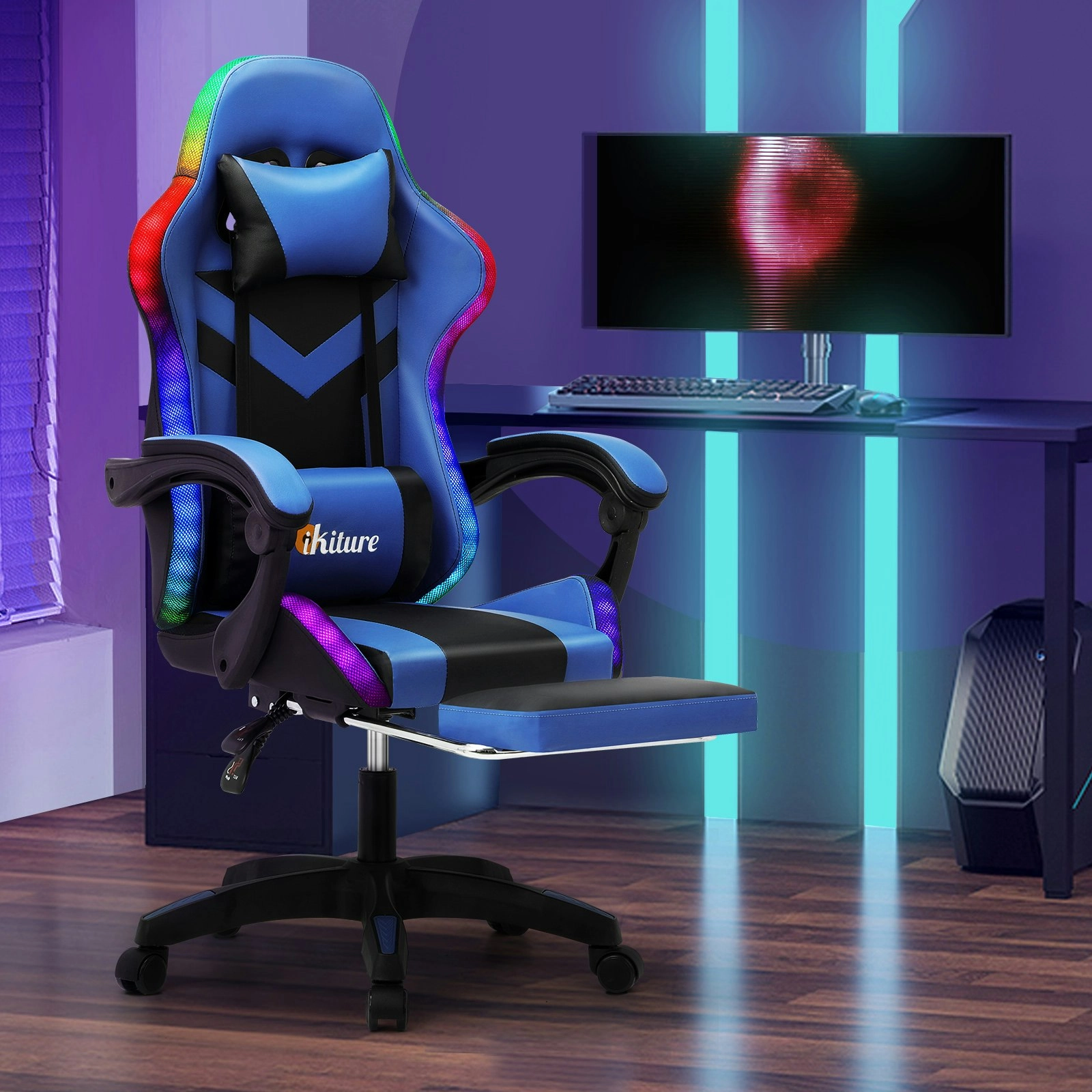 Oikiture Gaming Chair 7 RGB LED Massage Racing Recliner Office Computer Footrest