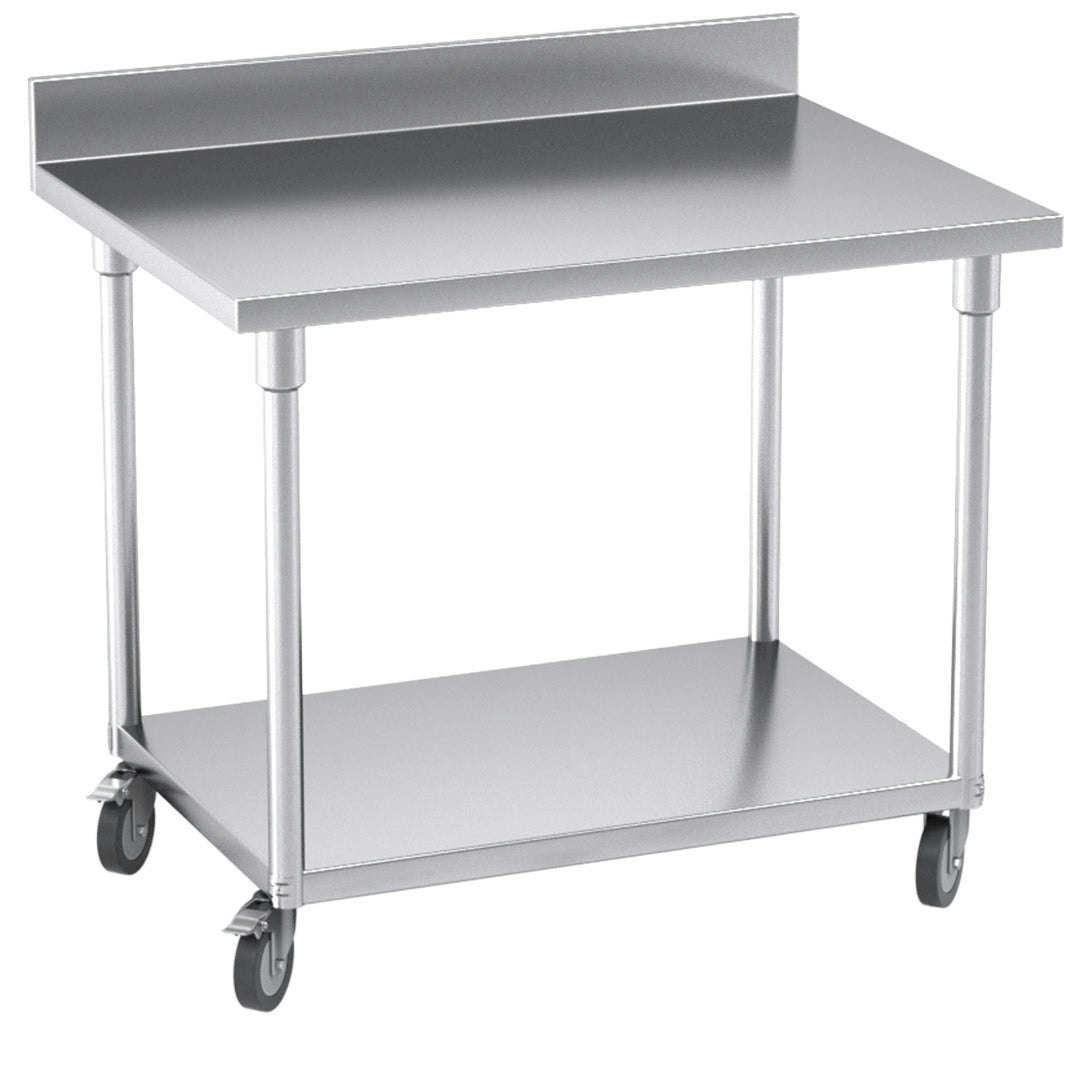 Soga 100cm Commercial Catering Kitchen Stainless Steel Prep Work Bench Table with Backsplash and Caster Wheels