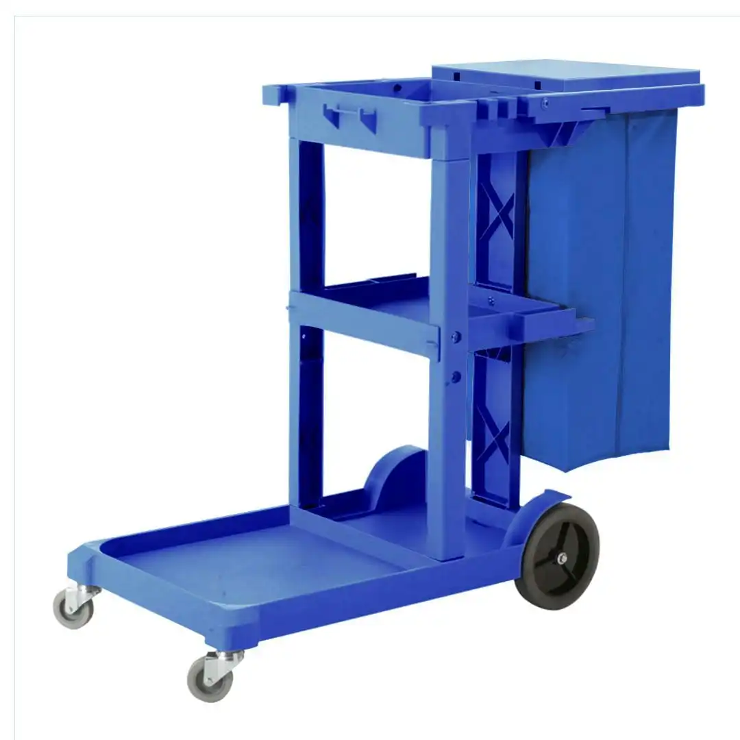 Soga 3 Tier Multifunction Janitor Cleaning Waste Cart Trolley and Waterproof Bag with Lid Blue