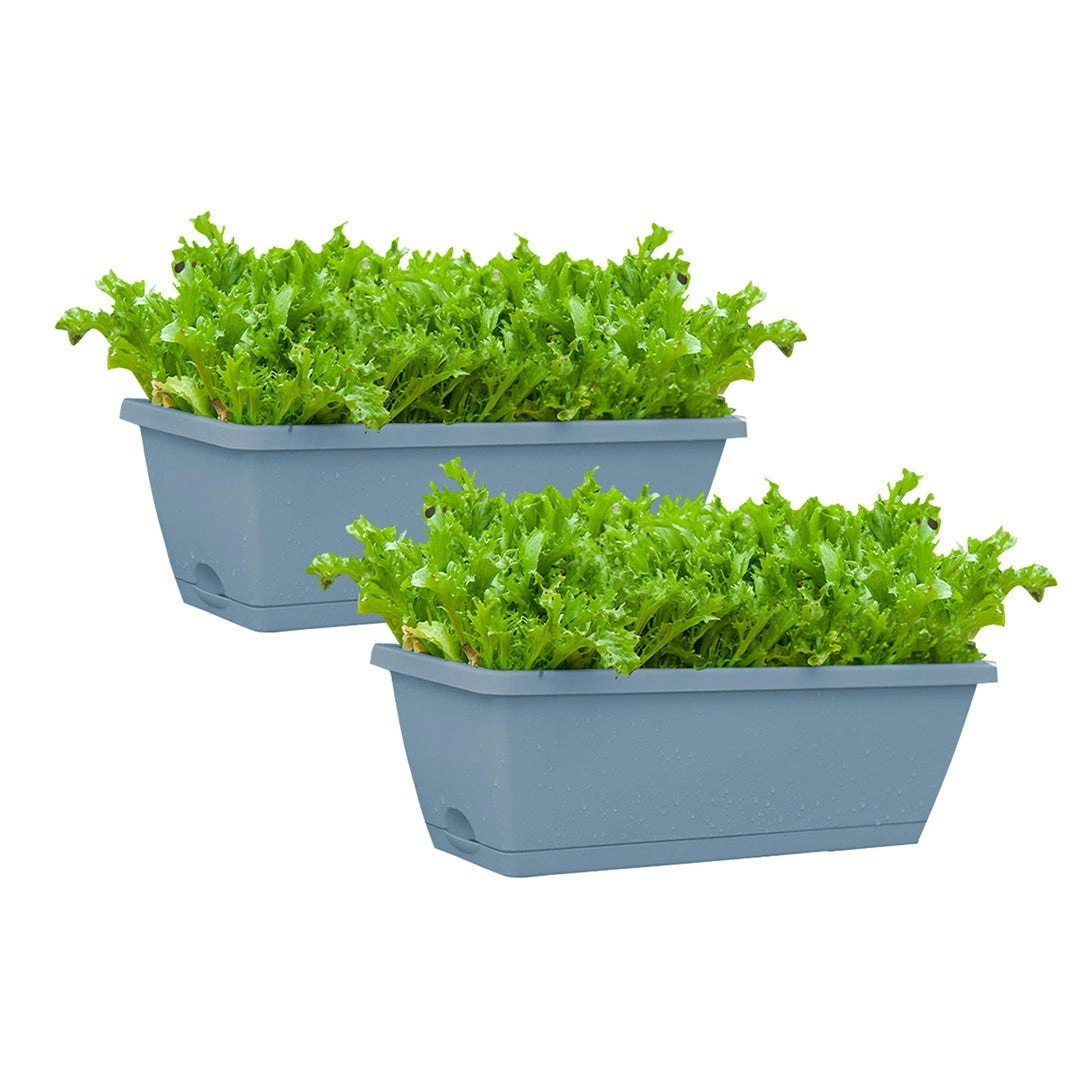 Soga 49.5cm Blue Rectangular Planter Vegetable Herb Flower Outdoor Plastic Box with Holder Balcony Garden Decor Set of 2