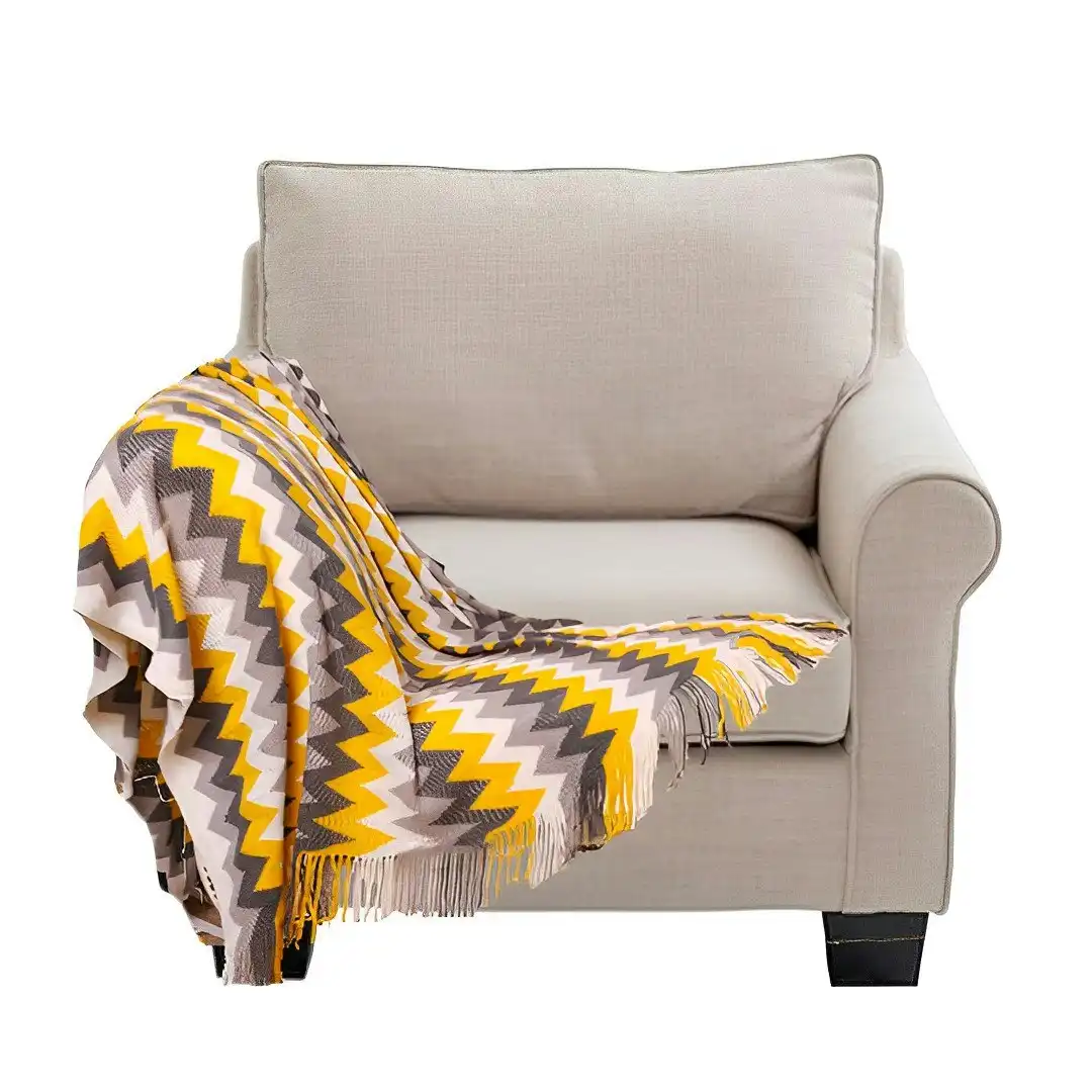 Soga 220cm Yellow Zigzag Striped Throw Blanket Acrylic Wave Knitted Fringed Woven Cover Couch Bed Sofa Home Decor