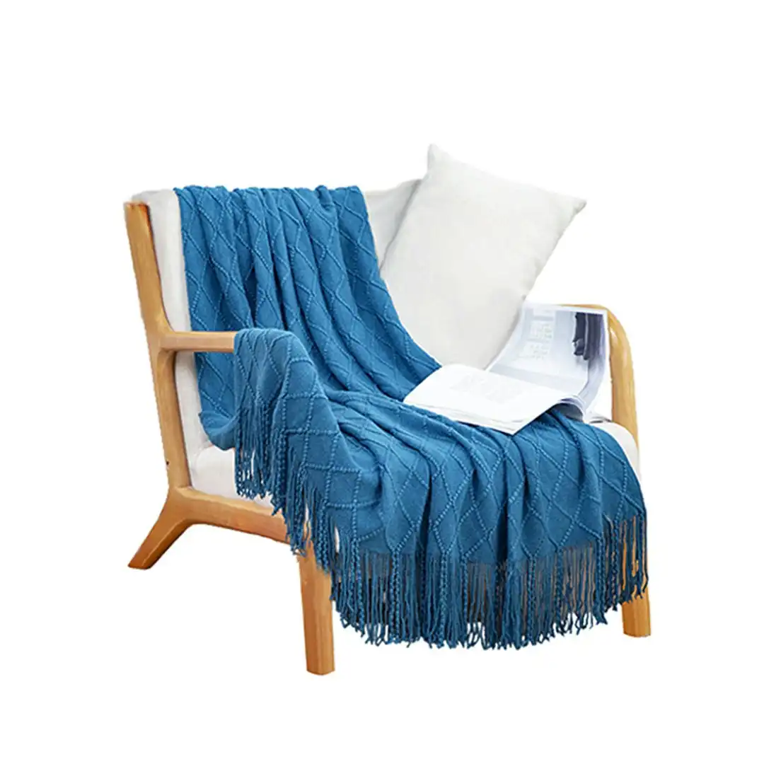 Soga Blue Diamond Pattern Knitted Throw Blanket Warm Cozy Woven Cover Couch Bed Sofa Home Decor with Tassels