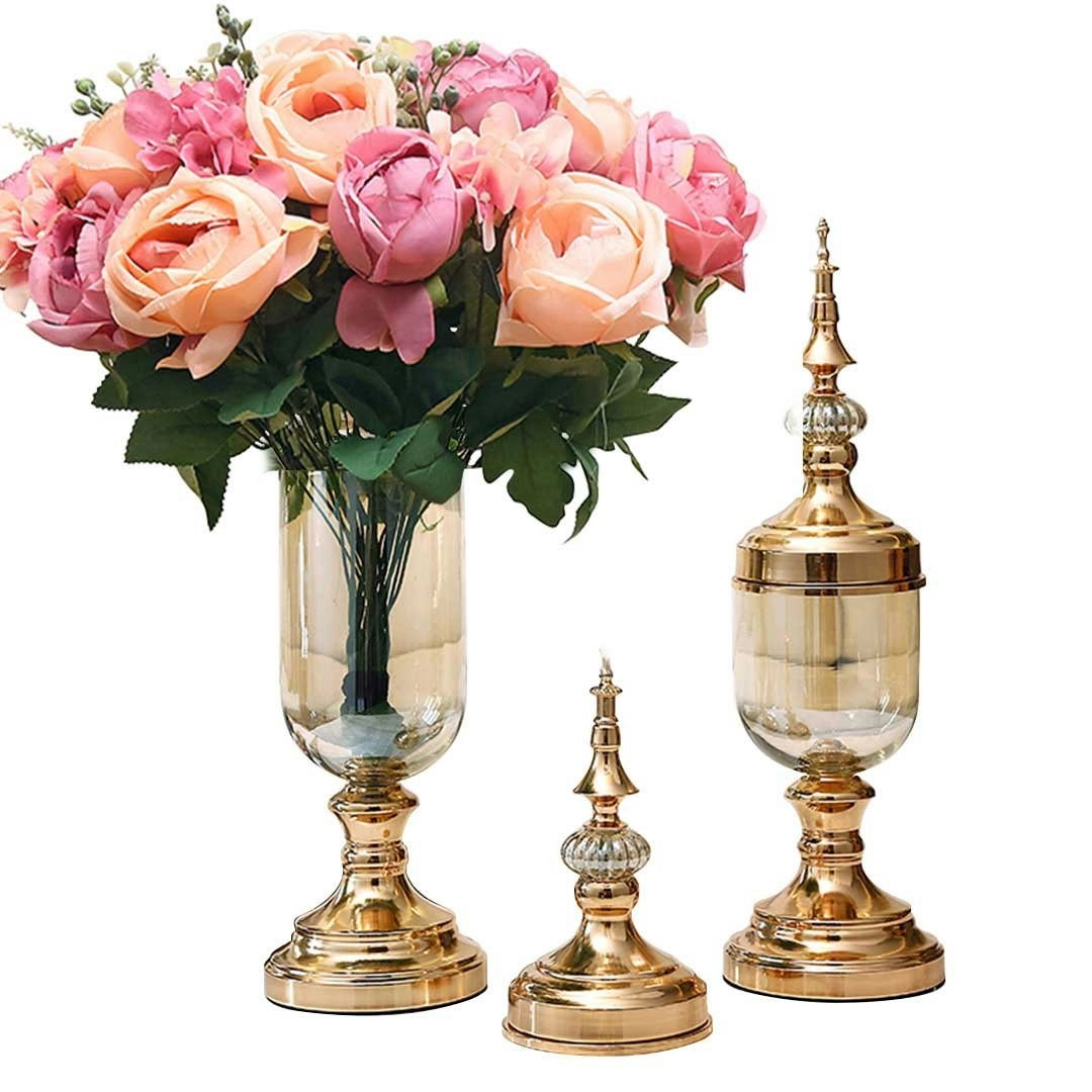 Soga 2 x Clear Glass Flower Vase with Lid and Pink Flower Filler Vase Gold Set