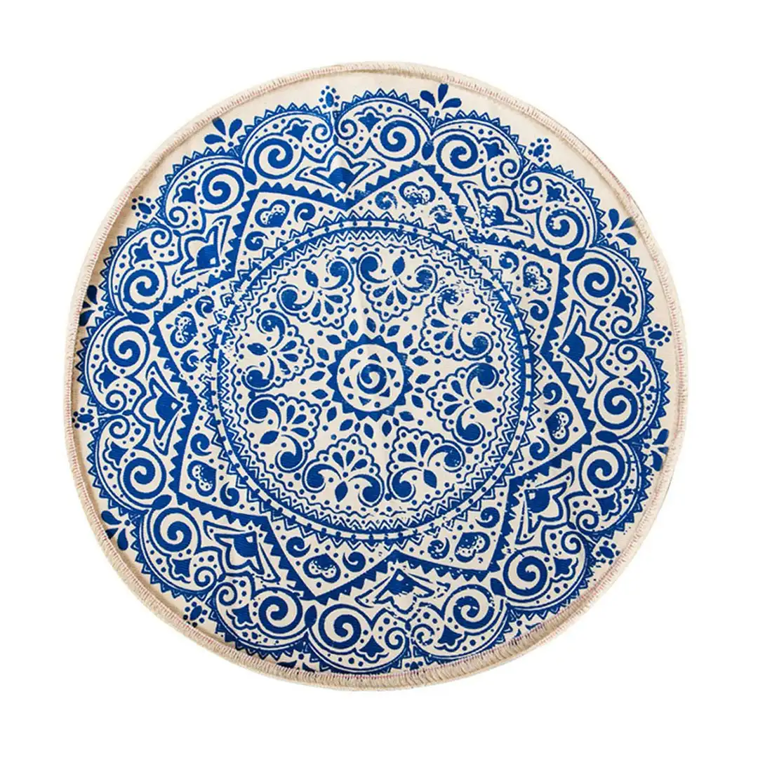 Soga Blue Carpet Soft Linen Bohemian Non-Slip Floor Retro Minimalist Round Rug Home Decor with Tassels