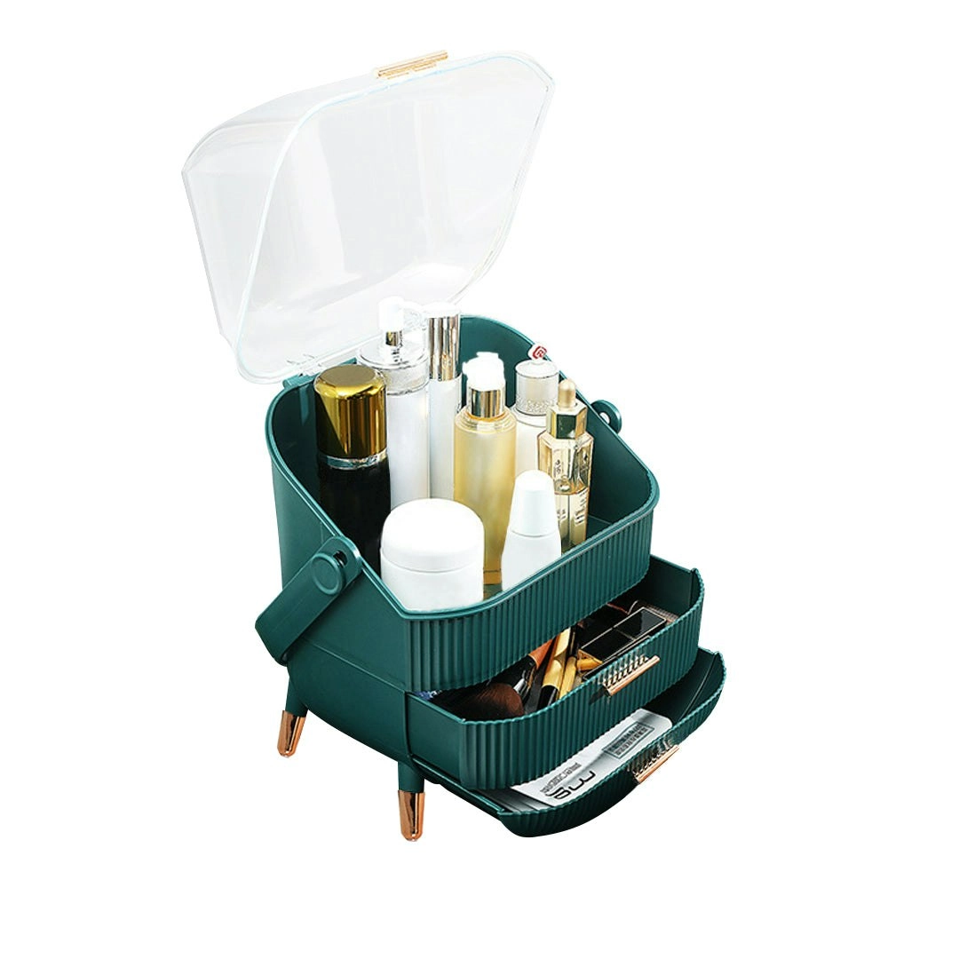 Soga 29cm Green Countertop Makeup Cosmetic Storage Organiser Skincare Holder Jewelry Storage Box with Handle