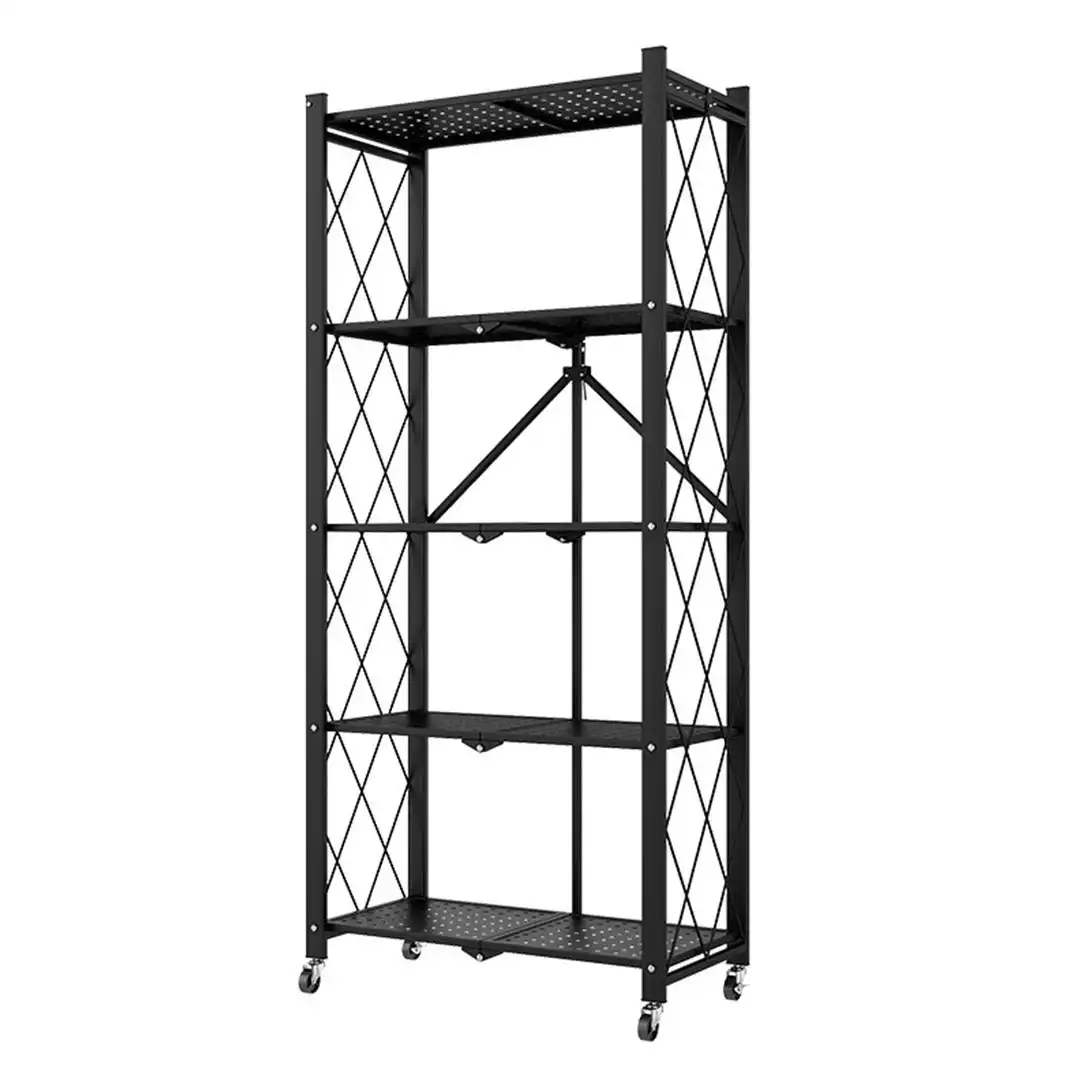 Soga 5 Tier Steel Black Foldable Kitchen Cart Multi-Functional Shelves Storage Organizer with Wheels