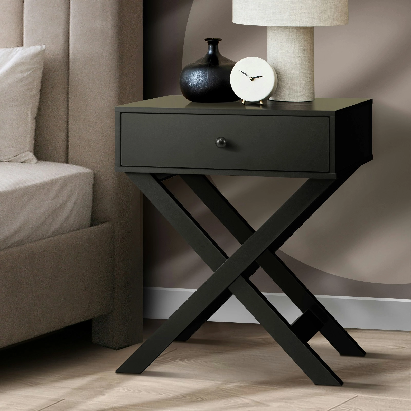 Oikiture Bedside Table Drawer Side Table Black Bedroom Storage Cabinet Furniture