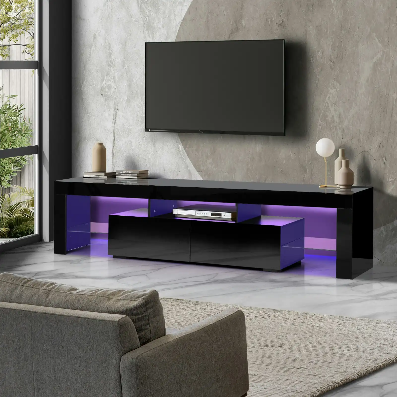 Oikiture TV Cabinet Entertainment Unit Stand LED RGB Gloss Furniture Black 180CM