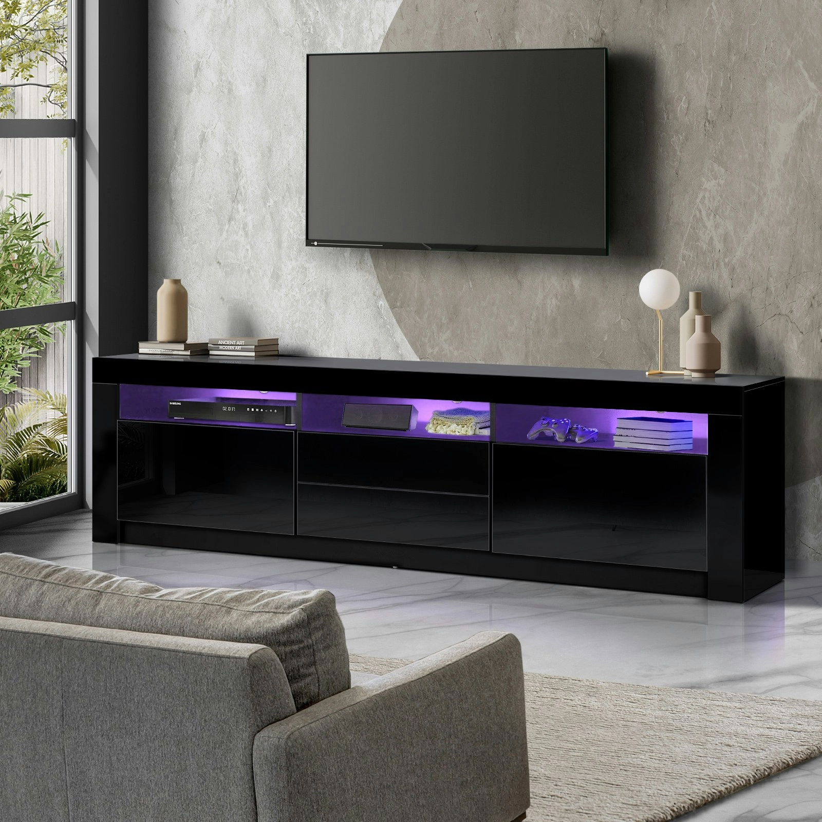 Oikiture TV Cabinet Entertainment Unit Stand RGB LED Gloss Furniture Black 180CM