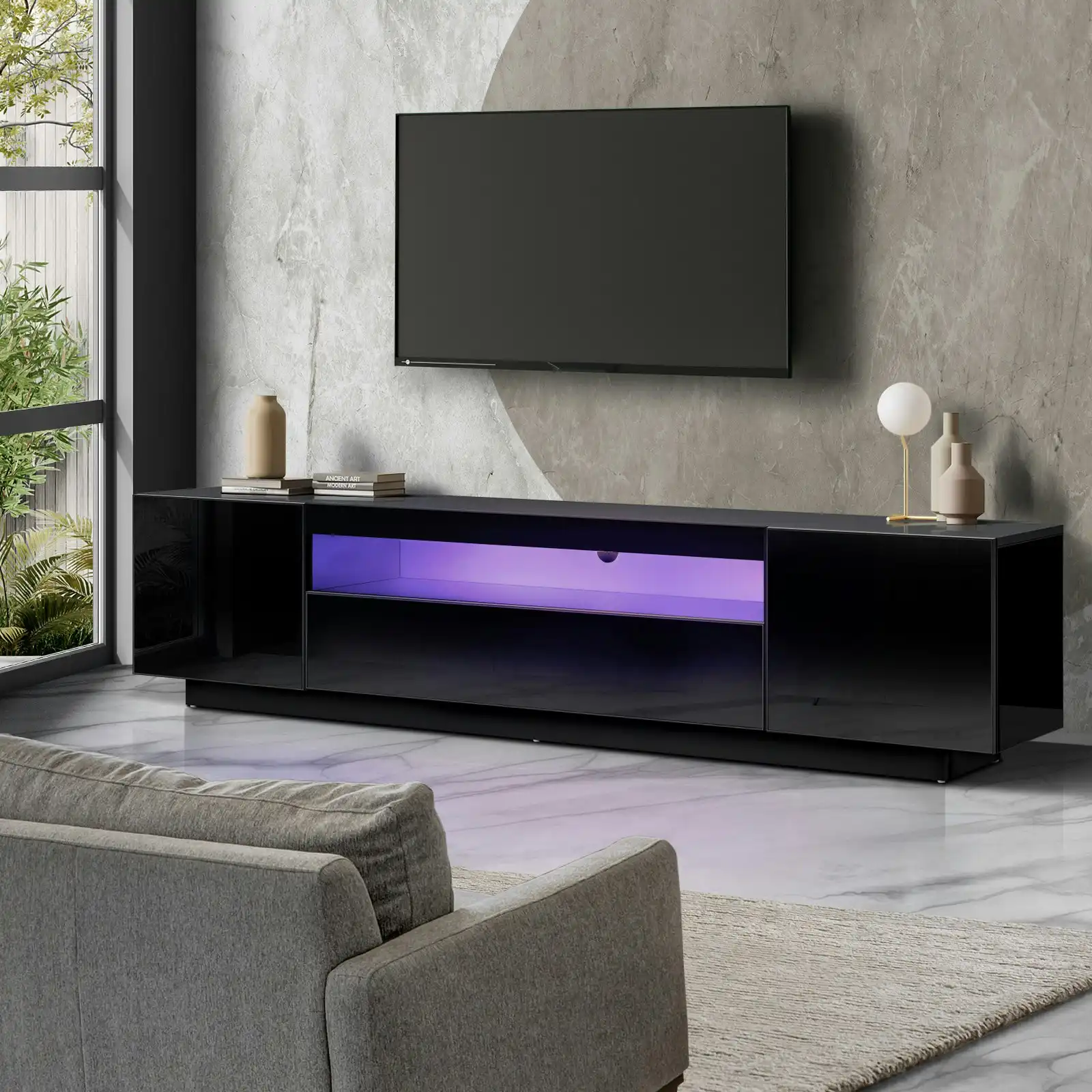 Oikiture TV Cabinet Entertainment Unit Stand Gloss RGB LED Furniture Black 180CM