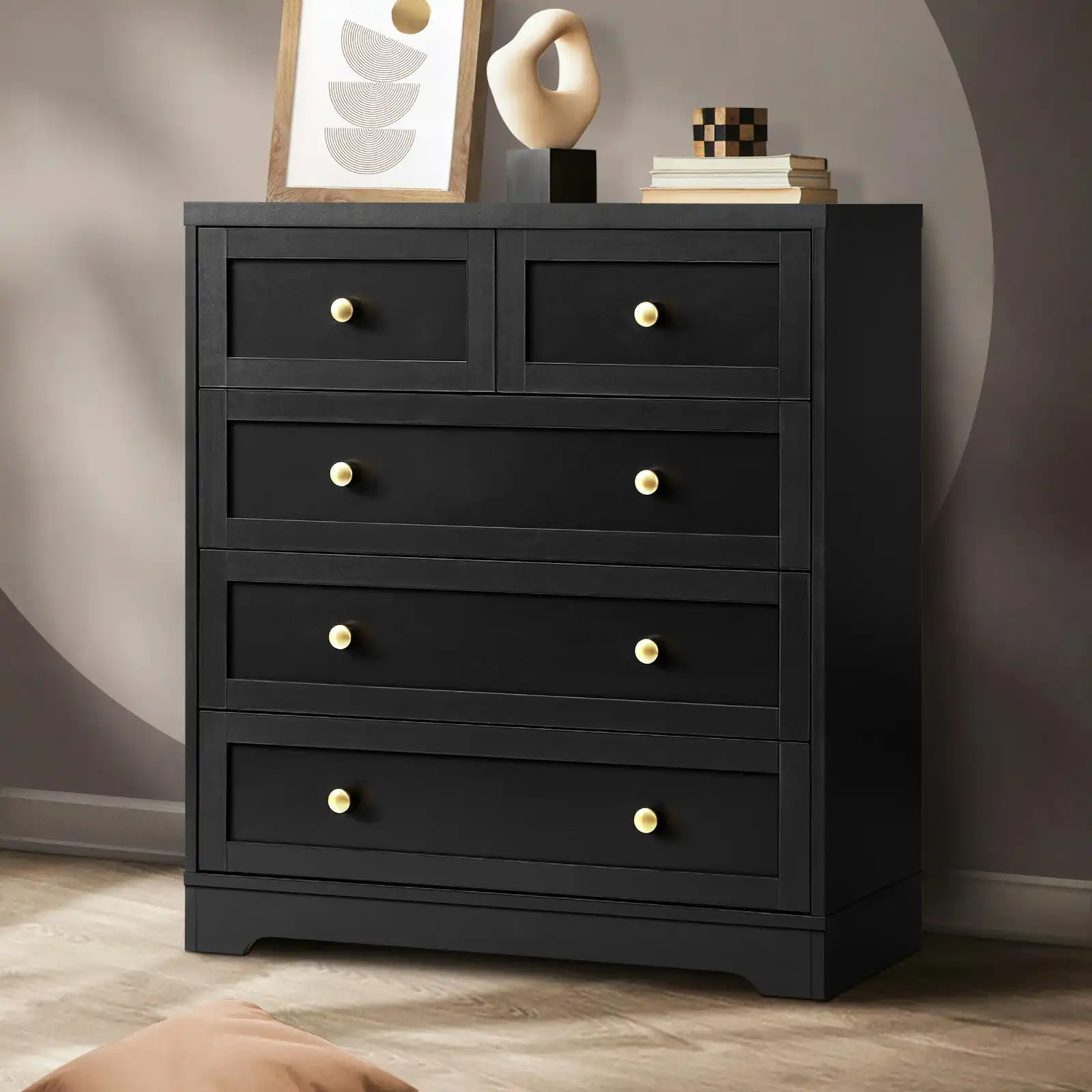 Oikiture 5 Chest of Drawers Tallboy Black Hamptons