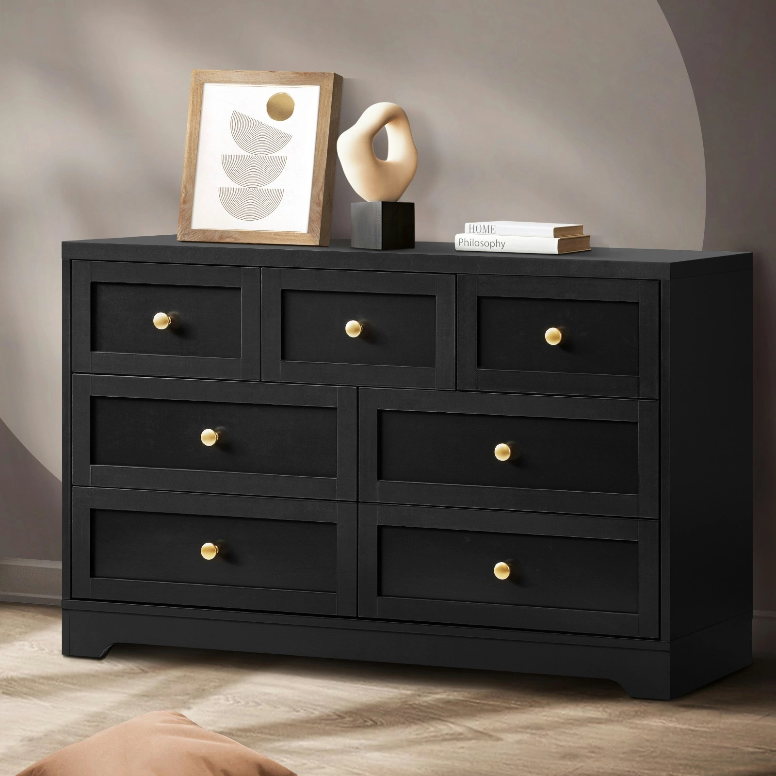 Oikiture 7 Chest of Drawers Tallboy Black Hamptons