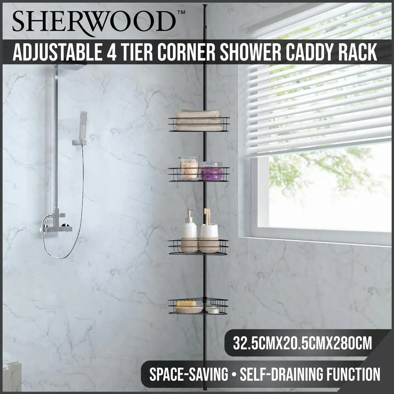 Sherwood Home Adjustable Telescopic 4 Tier Corner Shower Caddy Rack - Black