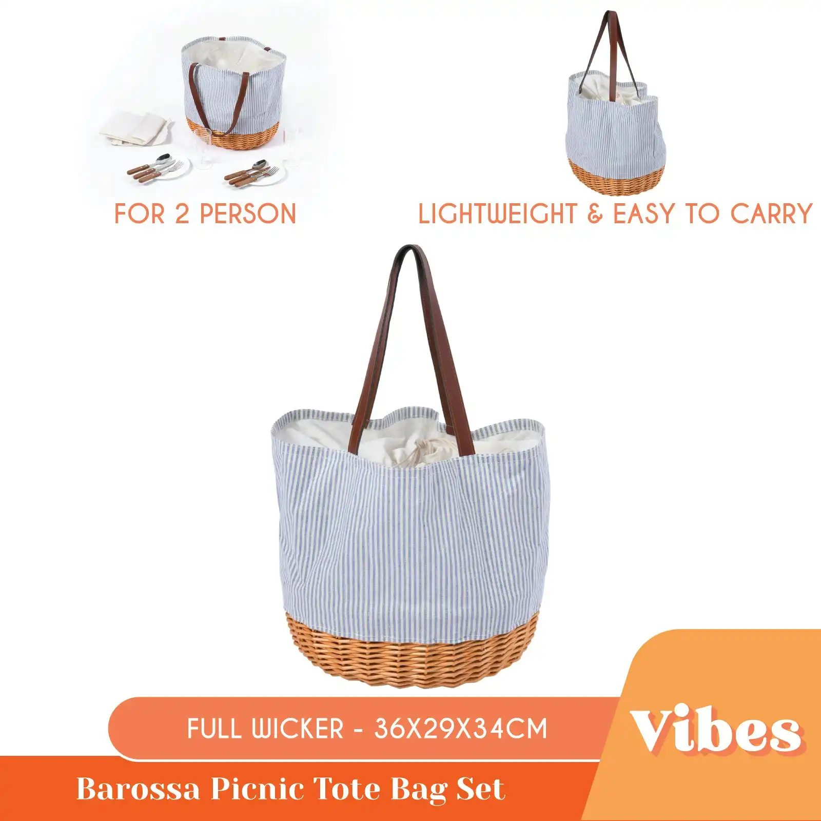 Vibes Barossa 2 Person Natural Wicker & Canvas Picnic Tote Bag Set Blue & White Pinstipe 36x29x34cm