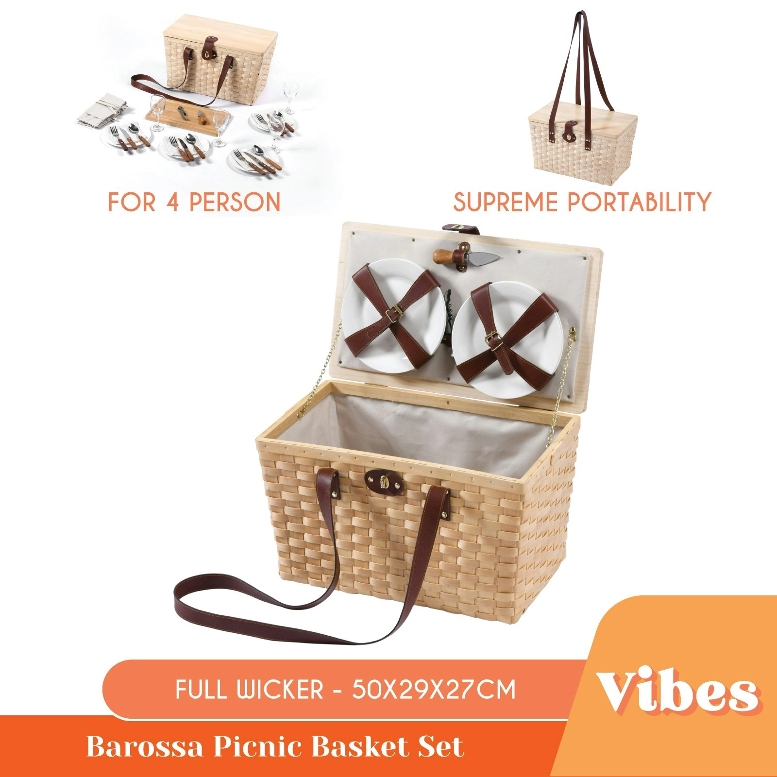 Vibes Barossa 4 Person Natural Wicker Picnic Basket Set Cream