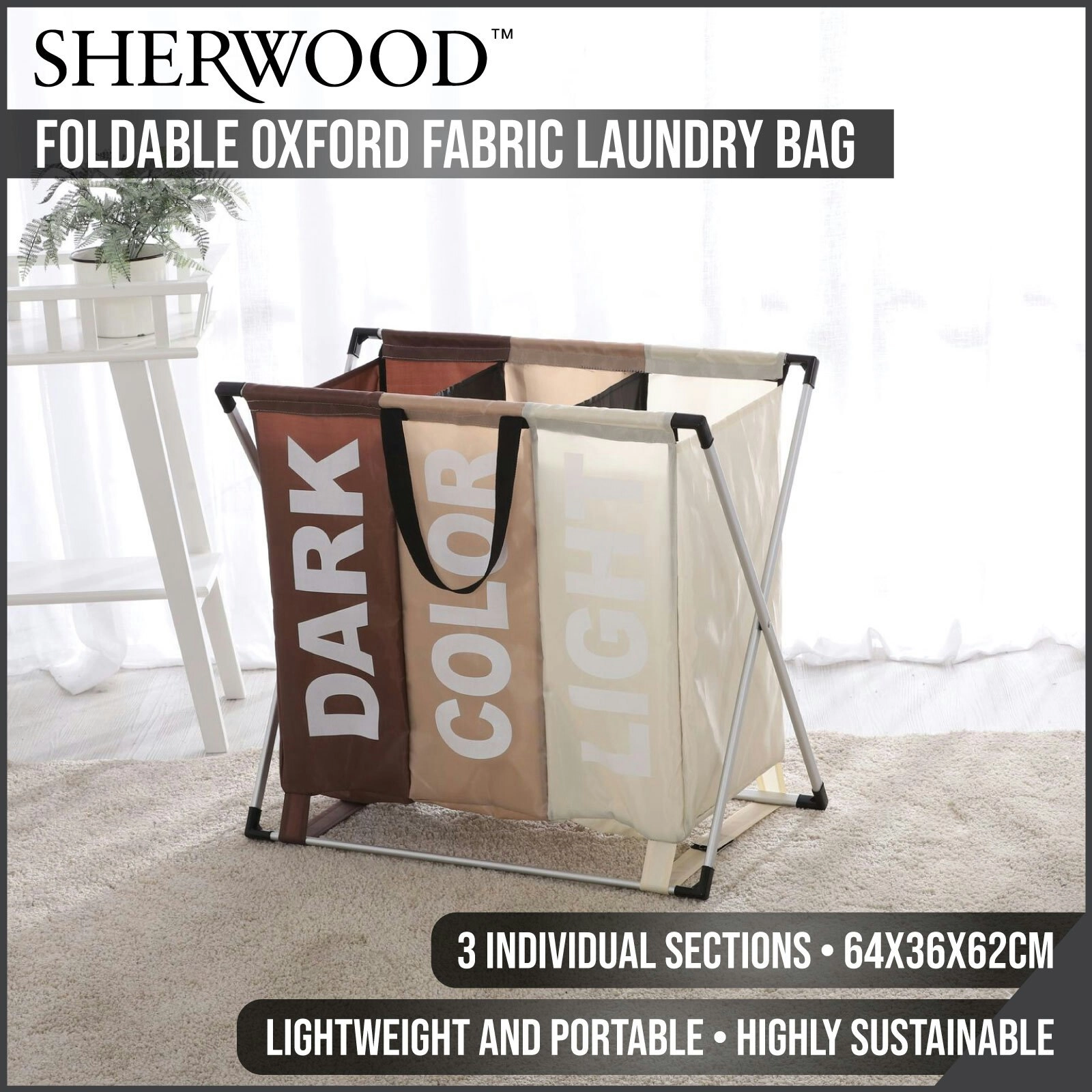 Sherwood Home Foldable Oxford Fabric Laundry Bag Aluminum Frame with 3 Individual Sections 64x36x62cm