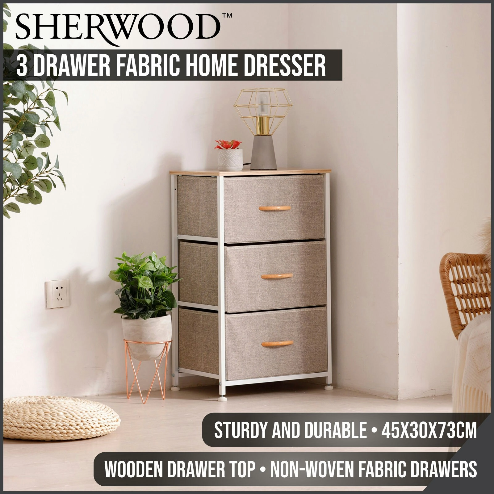 Sherwood Luna 3 Drawer Fabric Home Dresser Cream