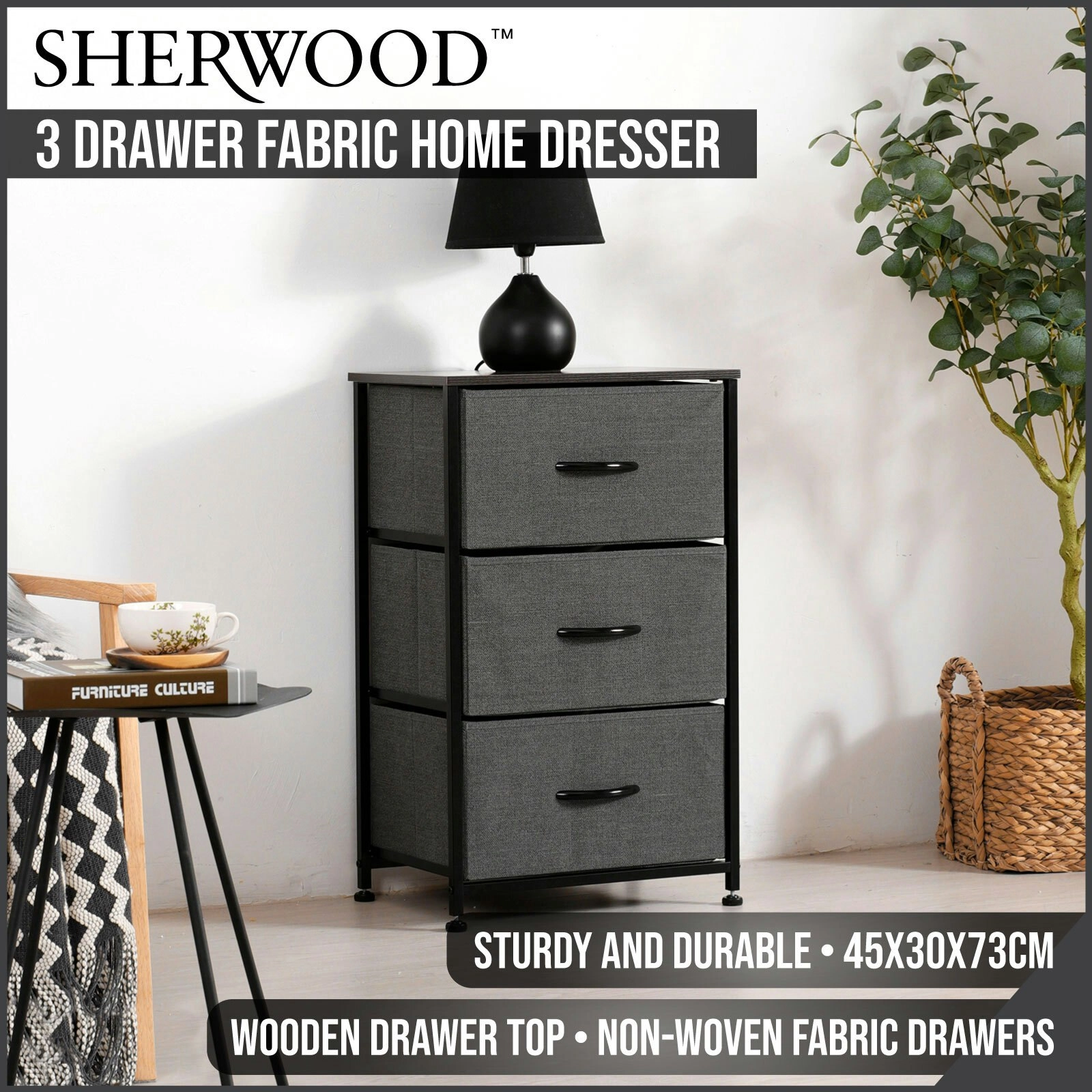 Sherwood Luna 3 Drawer Fabric Home Dresser Charcoal