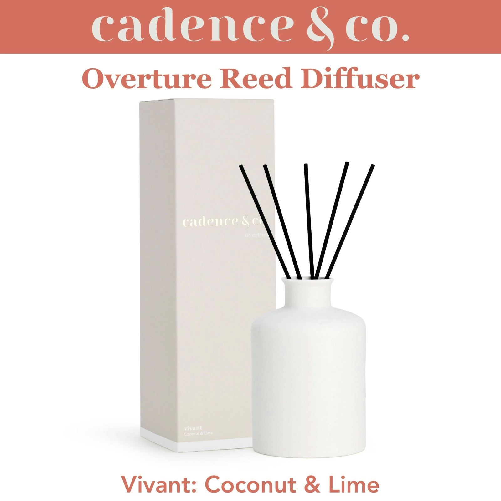 Cadence & Co Overture Reed Diffuser Vivant: Coconut & Lime Natural Room Freshener w/ Essential Oils