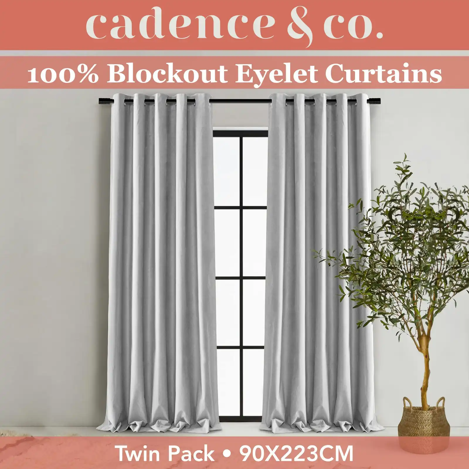 Cadence & Co Byron Matte Velvet 100% Blockout Eyelet Curtains Twin Pack Silver 90x223cm