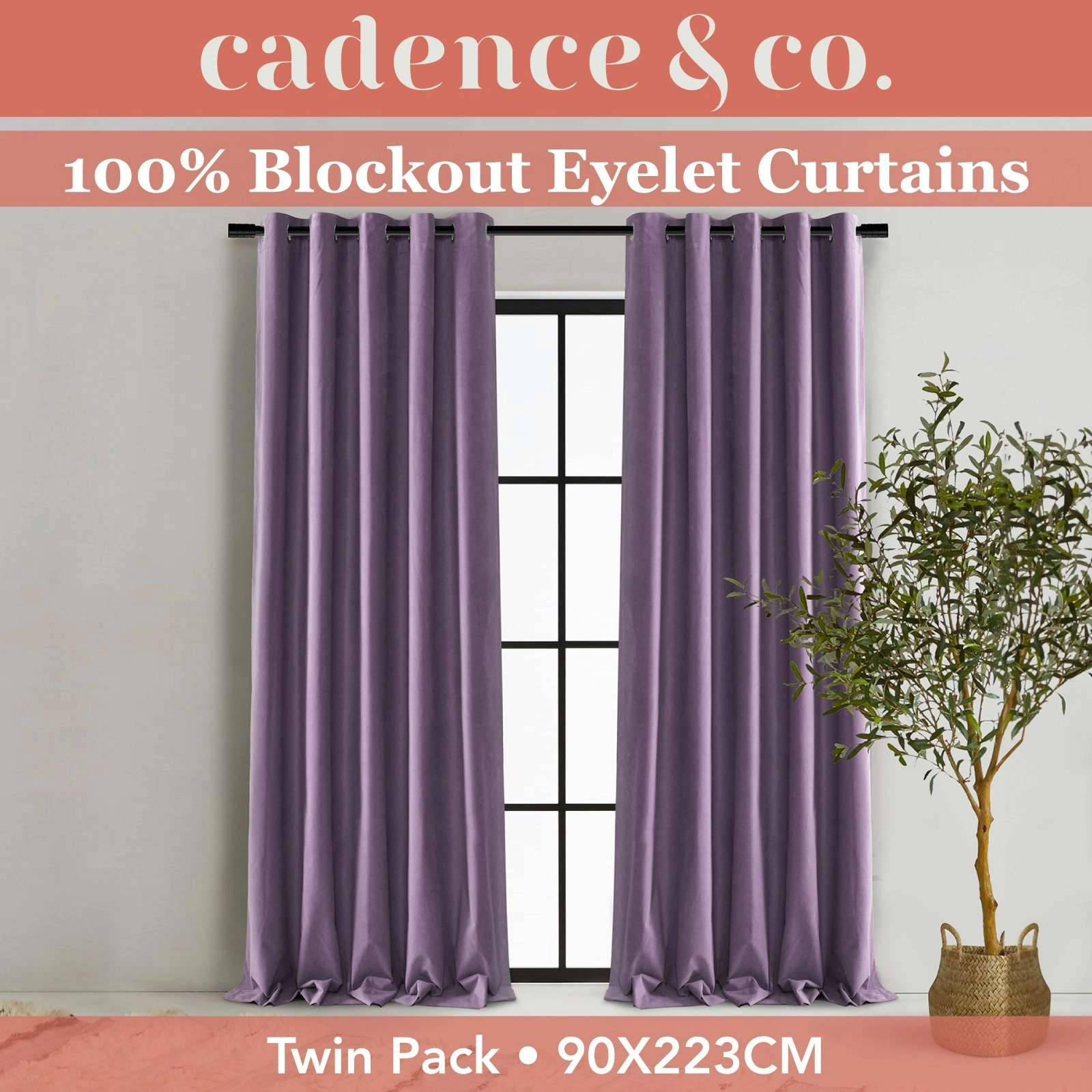 Cadence & Co. Byron Matte Velvet 100% Blockout Eyelet Curtains Twin Pack Lilac 90x223cm