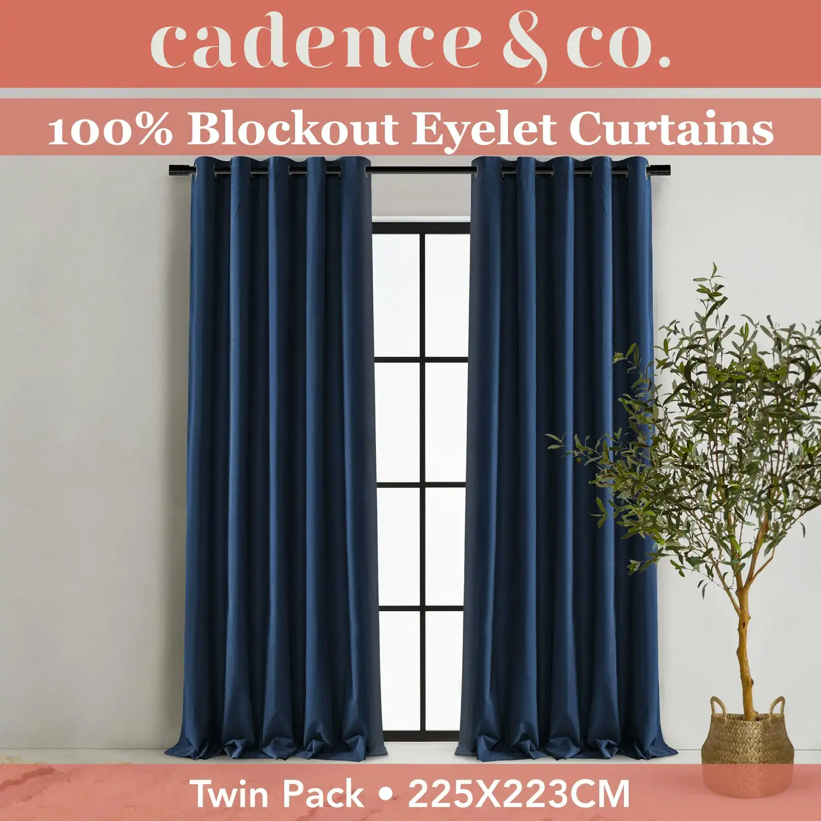 Cadence & Co. Byron Matte Velvet 100% Blockout Eyelet Curtains Twin Pack Navy Blue 225x223cm