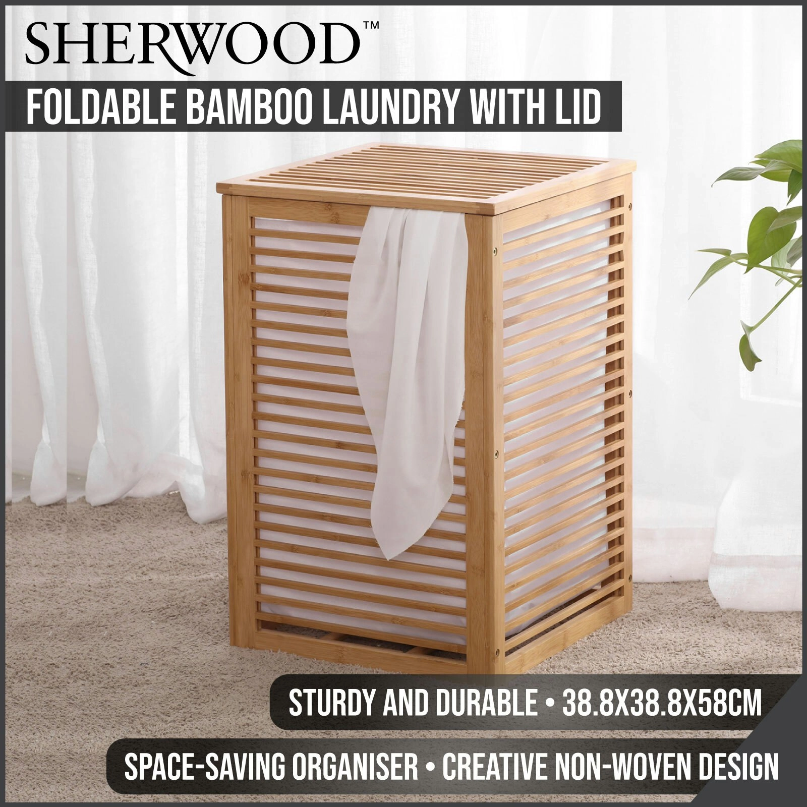 Sherwood Home Foldable Bamboo Laundry with Lid Large 38.8x38.8x58cm