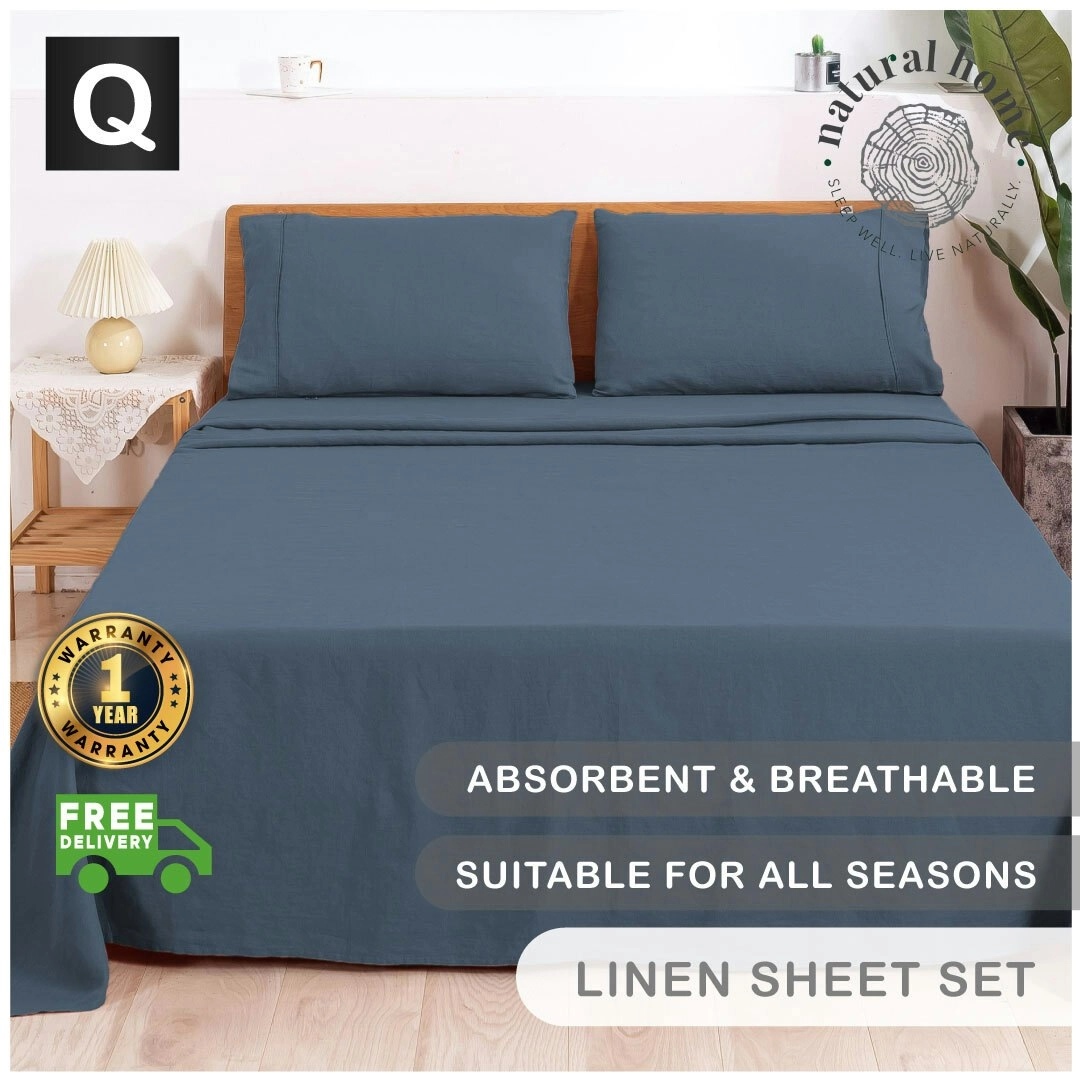 Natural Home 100% European Flax Linen Sheet Set Washed Blue Queen Bed