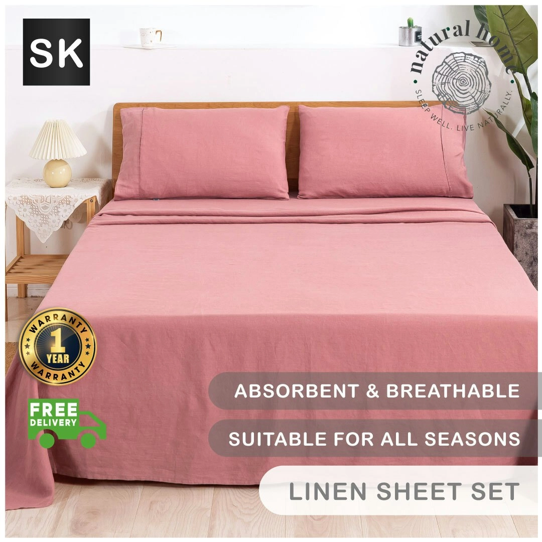 Natural Home 100% European Flax Linen Sheet Set Rose Gold Super King Bed