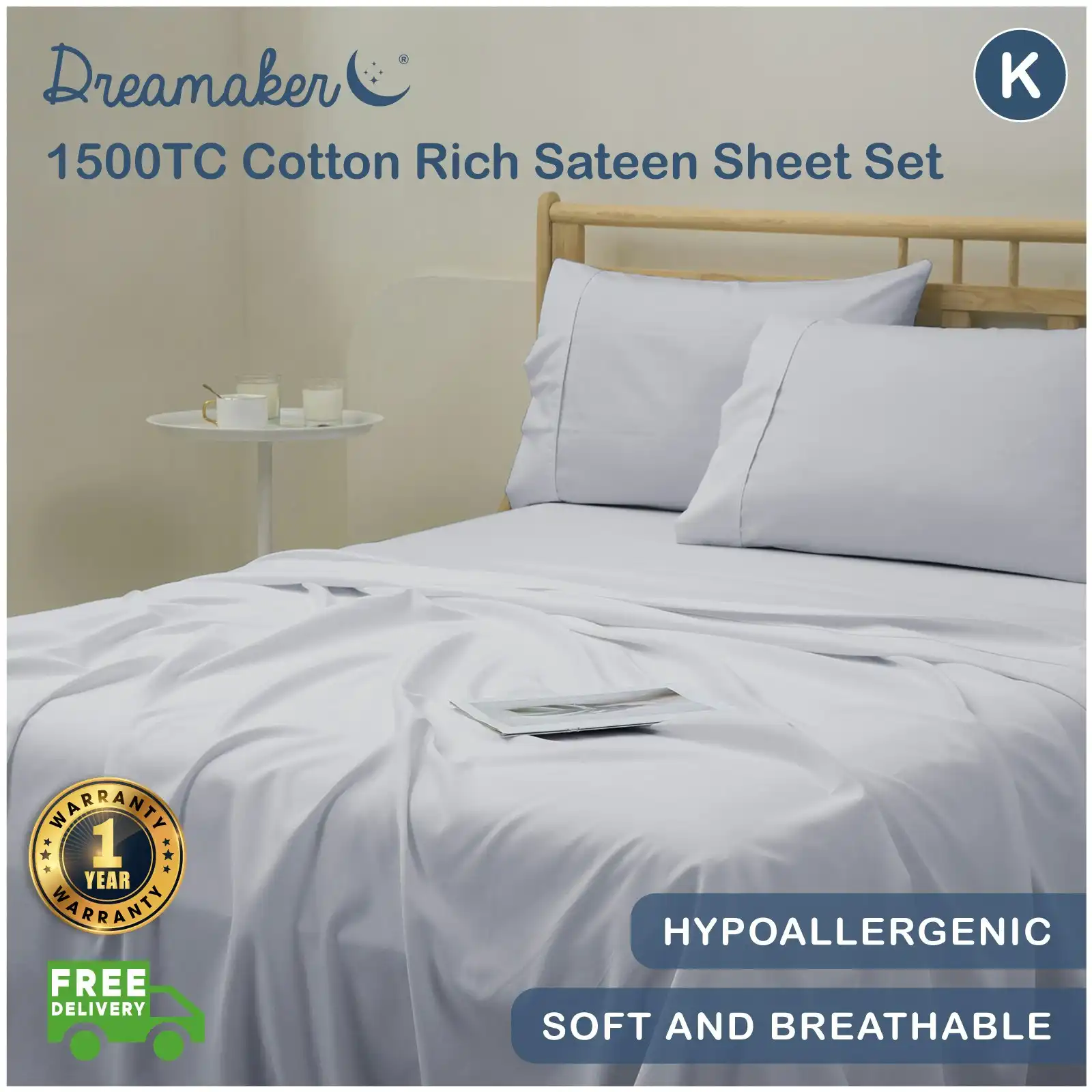 Dreamaker 1500TC Cotton Rich Sateen Sheet Set Dove Grey King Bed