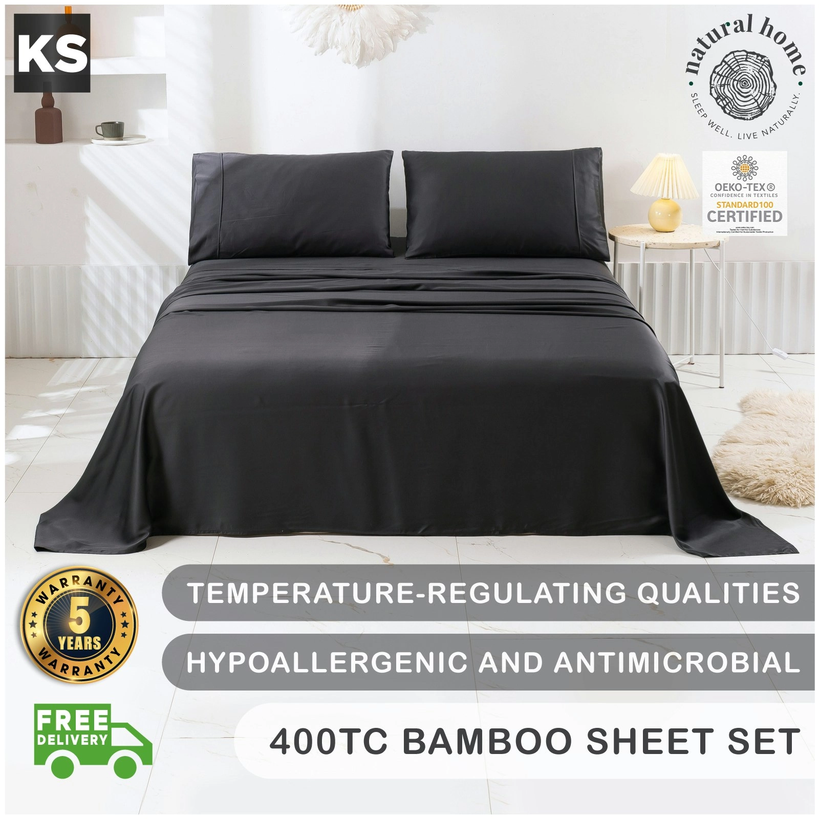 7007289 Natural Home Bamboo Sheet Set KSB CHARCOAL