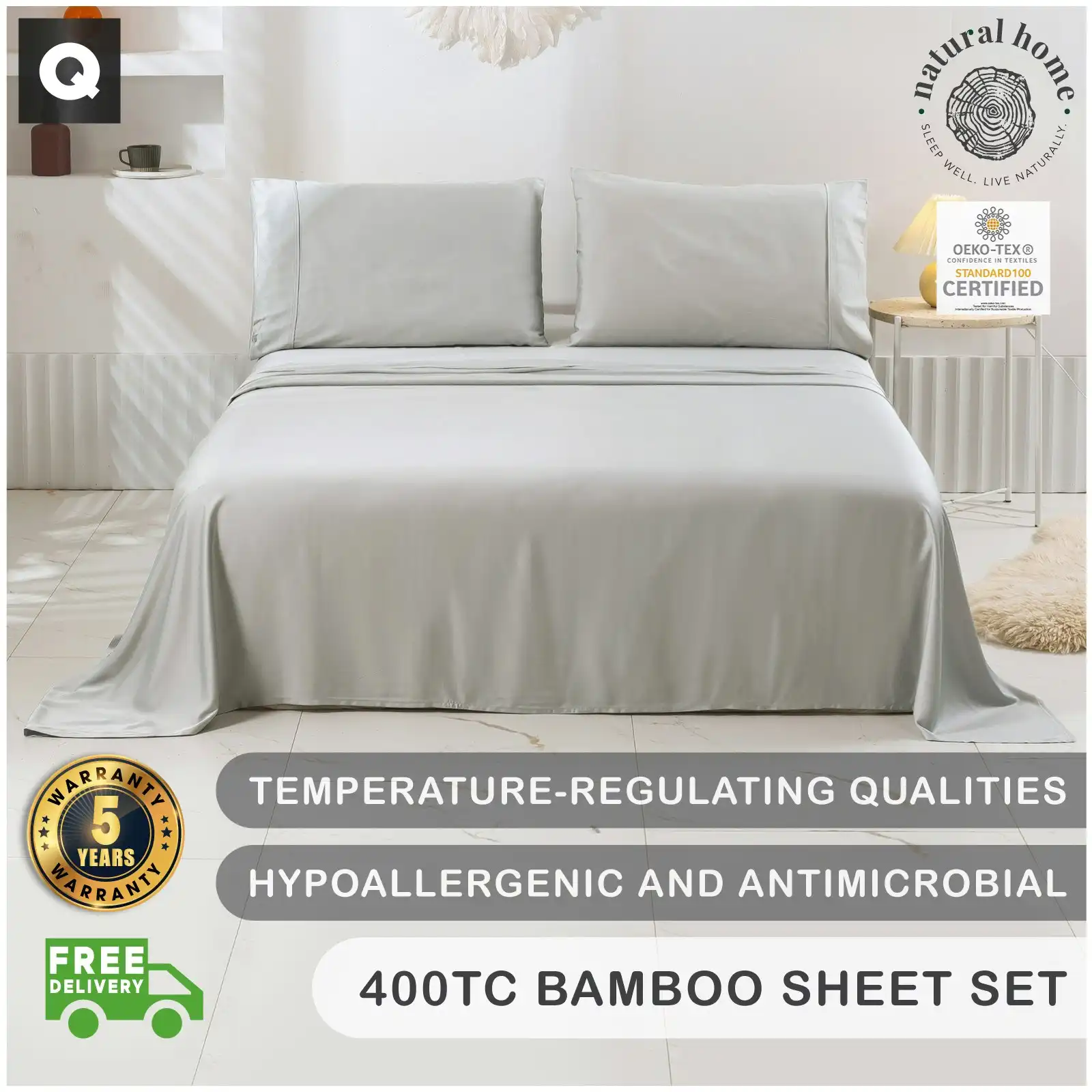 7007285 Natural Home Bamboo Sheet Set QB DOVE GREY