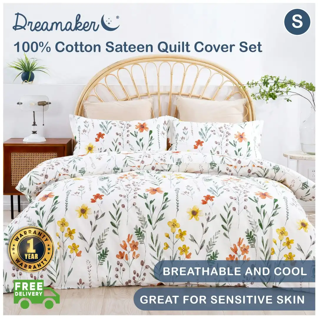 Dreamaker 100% Cotton Sateen Quilt Cover Set Daisy Print Single Bed