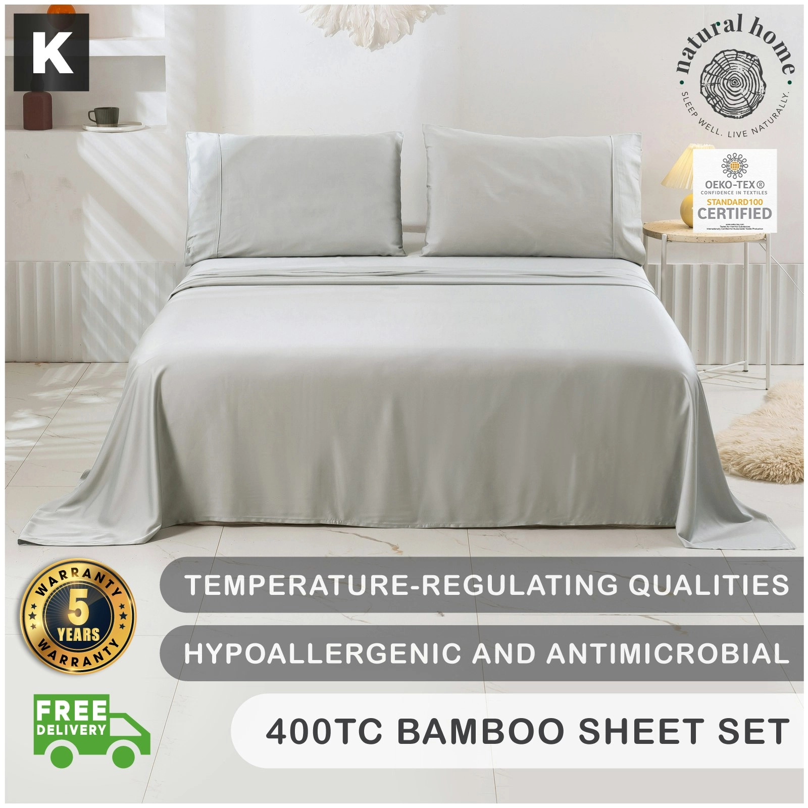 7007286 Natural Home Bamboo Sheet Set KB DOVE GREY